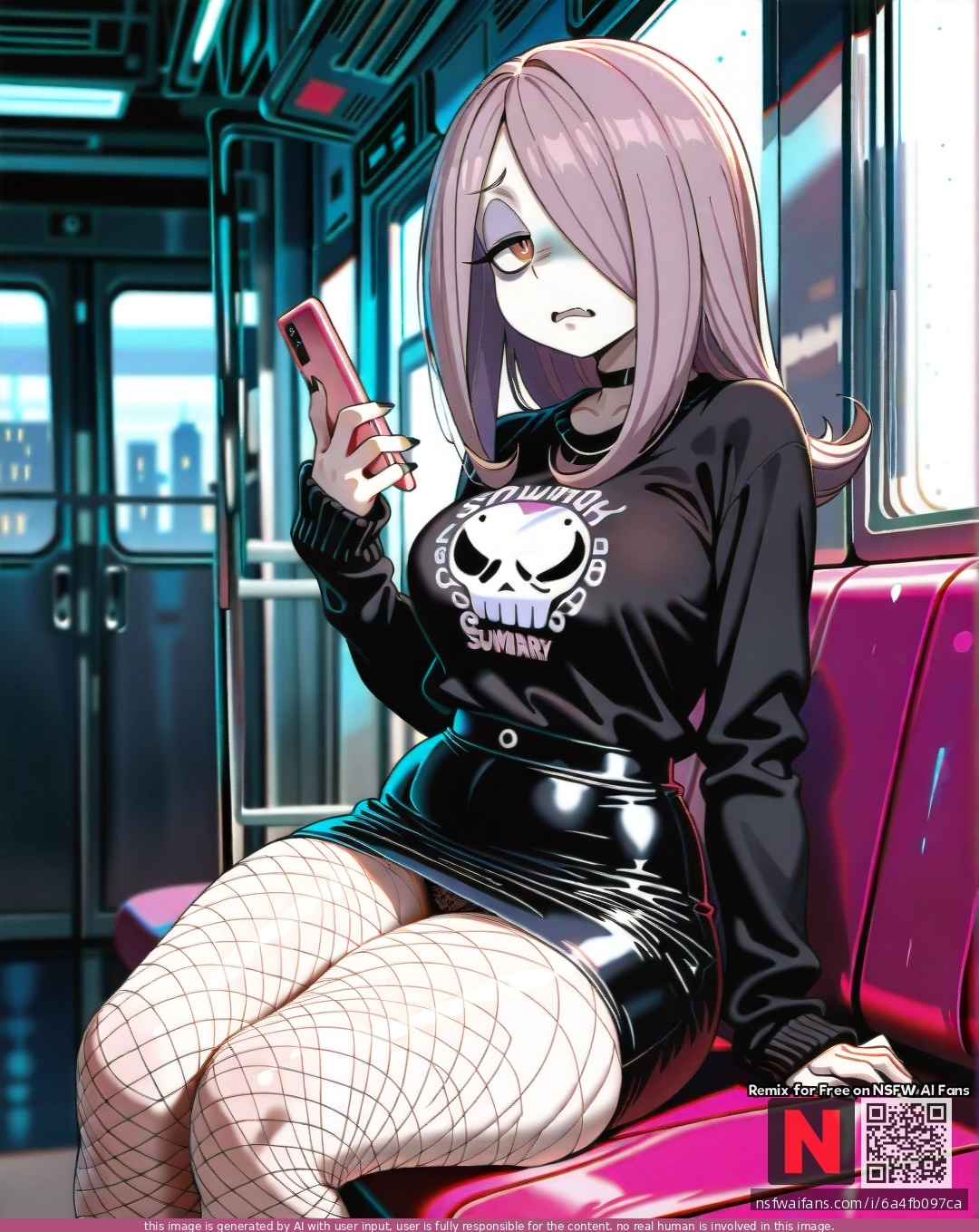@sucy_manbavaran, (disgust), (curvy), thick thighs, tight business black skirt, emo, black sweater, shows lace fishnet panties, dark pink subway, sits straight, phone in hand