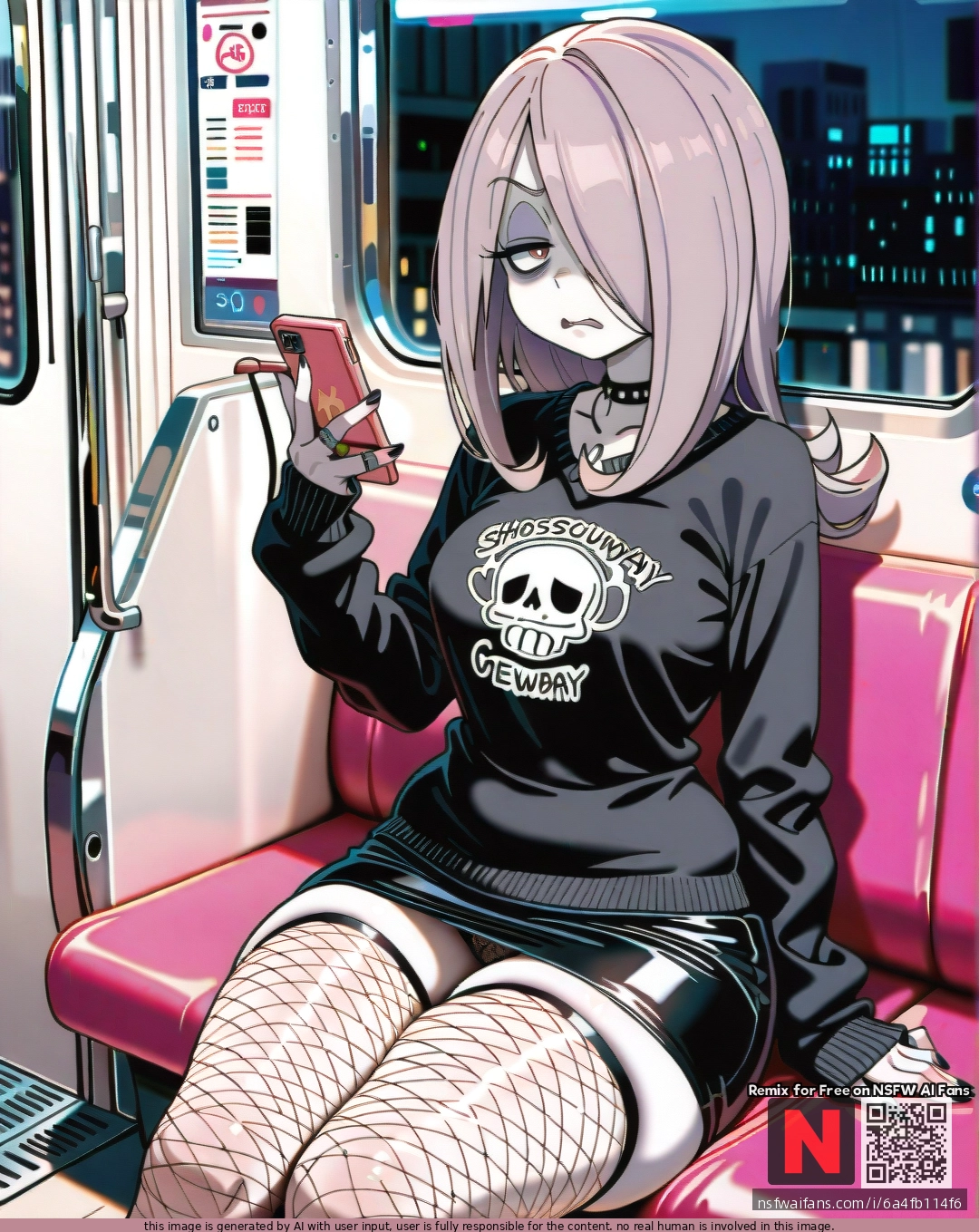 @sucy_manbavaran, (disgust), (curvy), thick thighs, tight business black skirt, emo, black sweater, shows lace fishnet panties, dark pink subway, sits straight, phone in hand