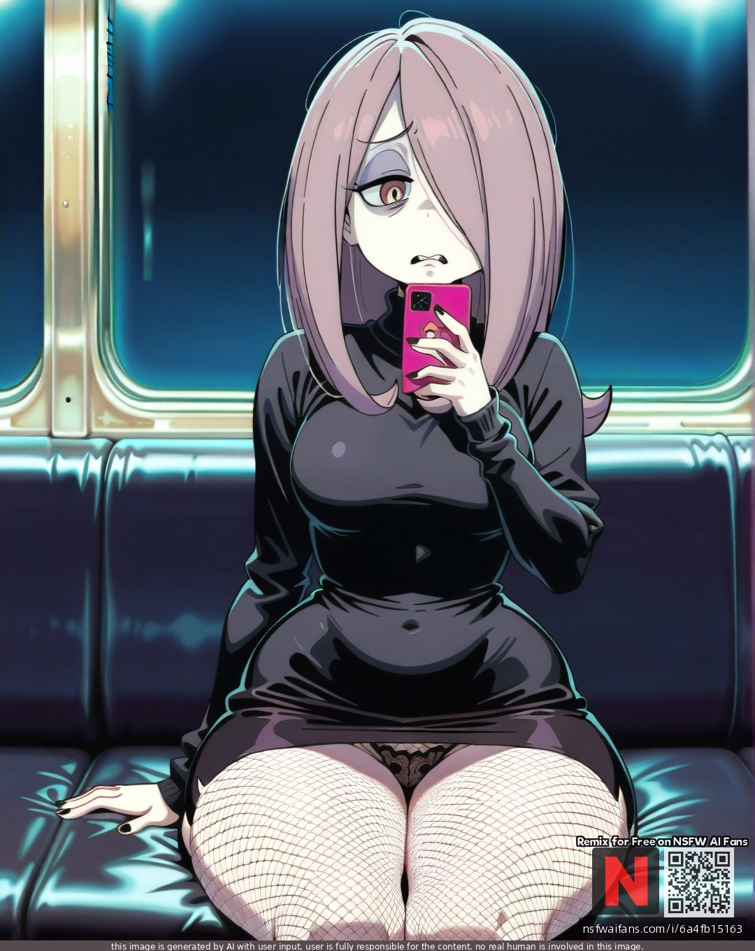 @sucy_manbavaran, (disgust), (curvy), thick thighs, tight business black skirt, emo, black sweater, shows lace fishnet panties, dark pink subway, sits straight, phone in hand