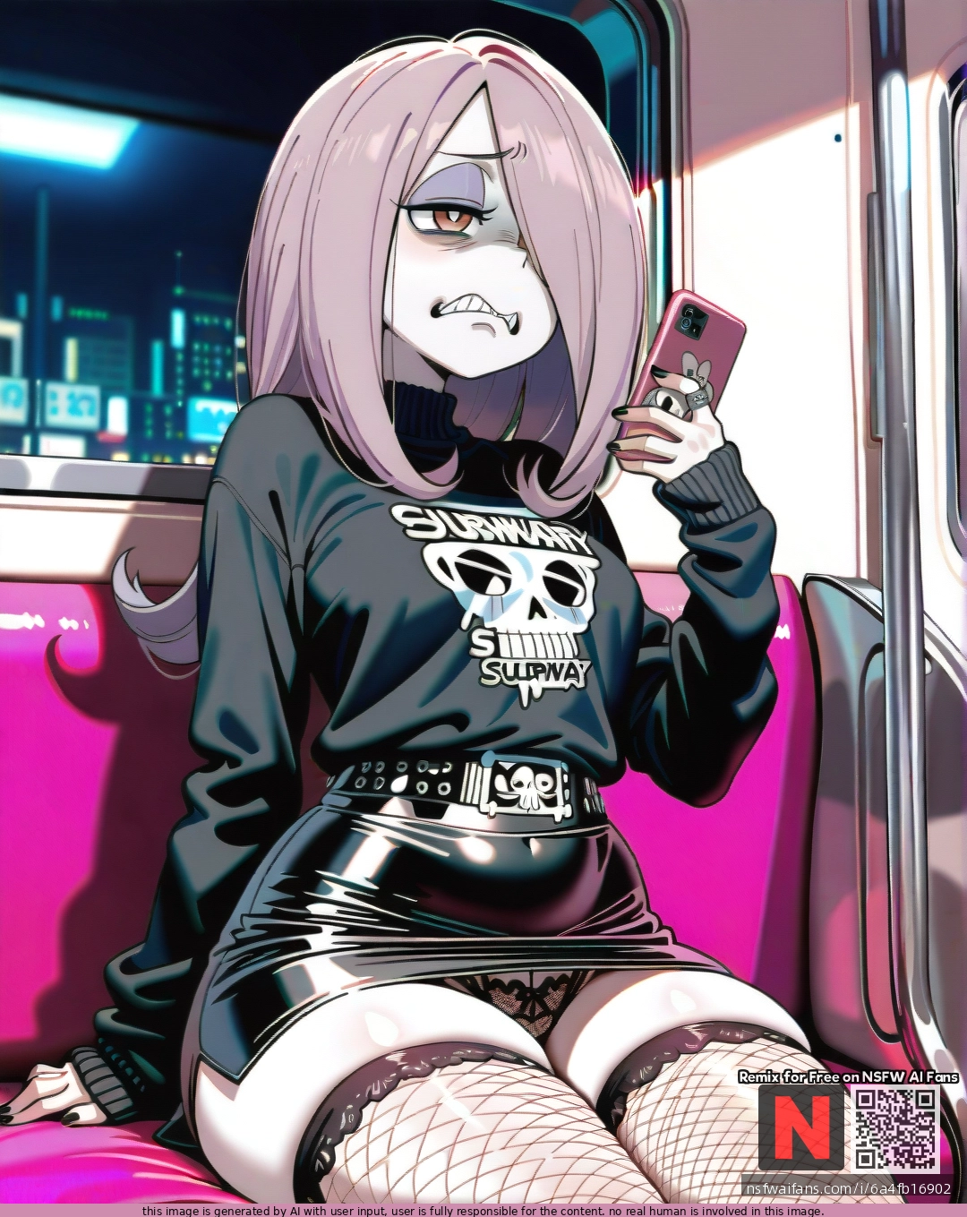 @sucy_manbavaran, (disgust), (curvy), thick thighs, tight business black skirt, emo, black sweater, shows lace fishnet panties, dark pink subway, sits straight, phone in hand