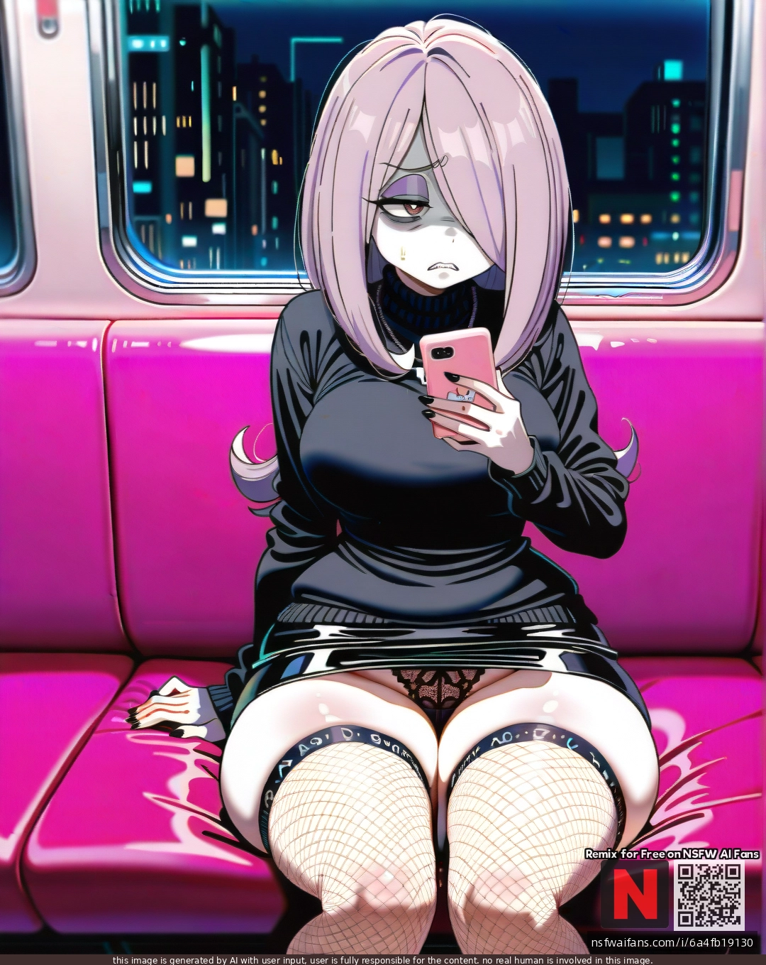 @sucy_manbavaran, (disgust), (curvy), thick thighs, tight business black skirt, emo, black sweater, shows lace fishnet panties, dark pink subway, sits straight, phone in hand
