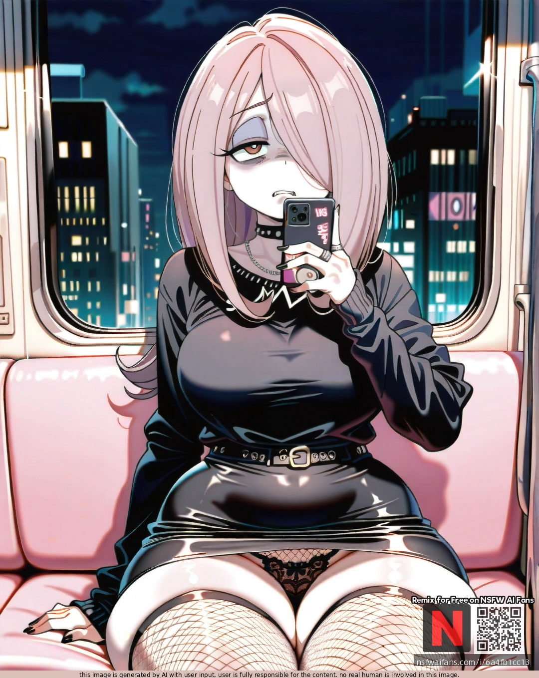 @sucy_manbavaran, (disgust), (curvy), thick thighs, tight business black skirt, emo, black sweater, shows lace fishnet panties, dark pink subway, sits straight, phone in hand