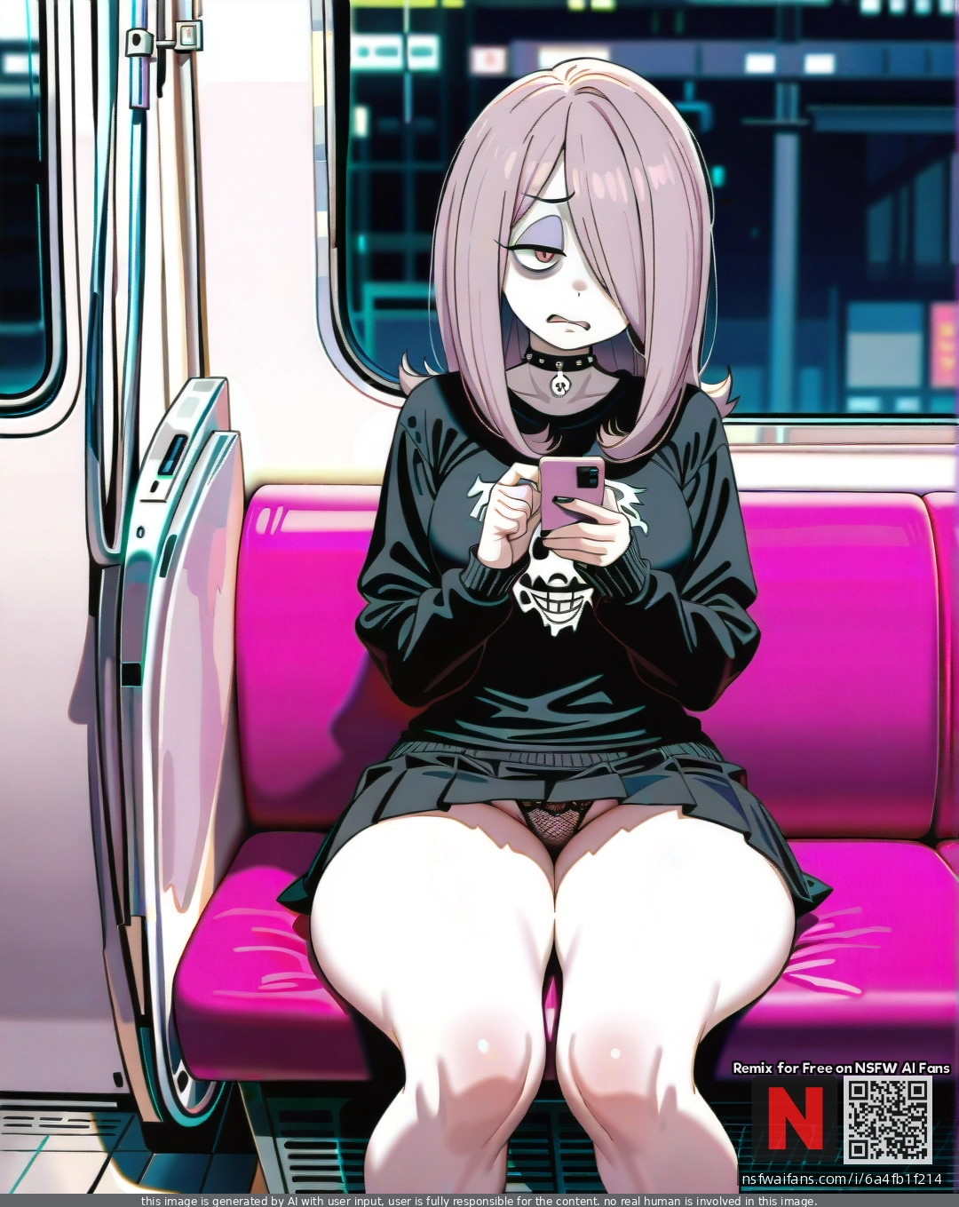 @sucy_manbavaran, (disgust), (curvy), thick thighs, tight business black skirt, emo, black sweater, shows lace fishnet panties, dark pink subway, sits straight, phone in hand