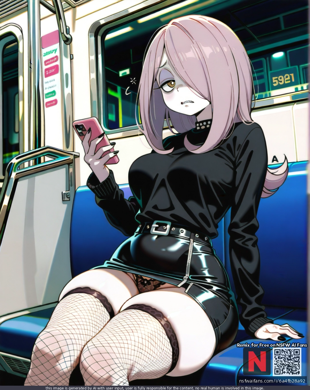 @sucy_manbavaran, (disgust), (curvy), thick thighs, tight business black skirt, emo, black sweater, shows lace fishnet panties, dark pink subway, sits straight, phone in hand