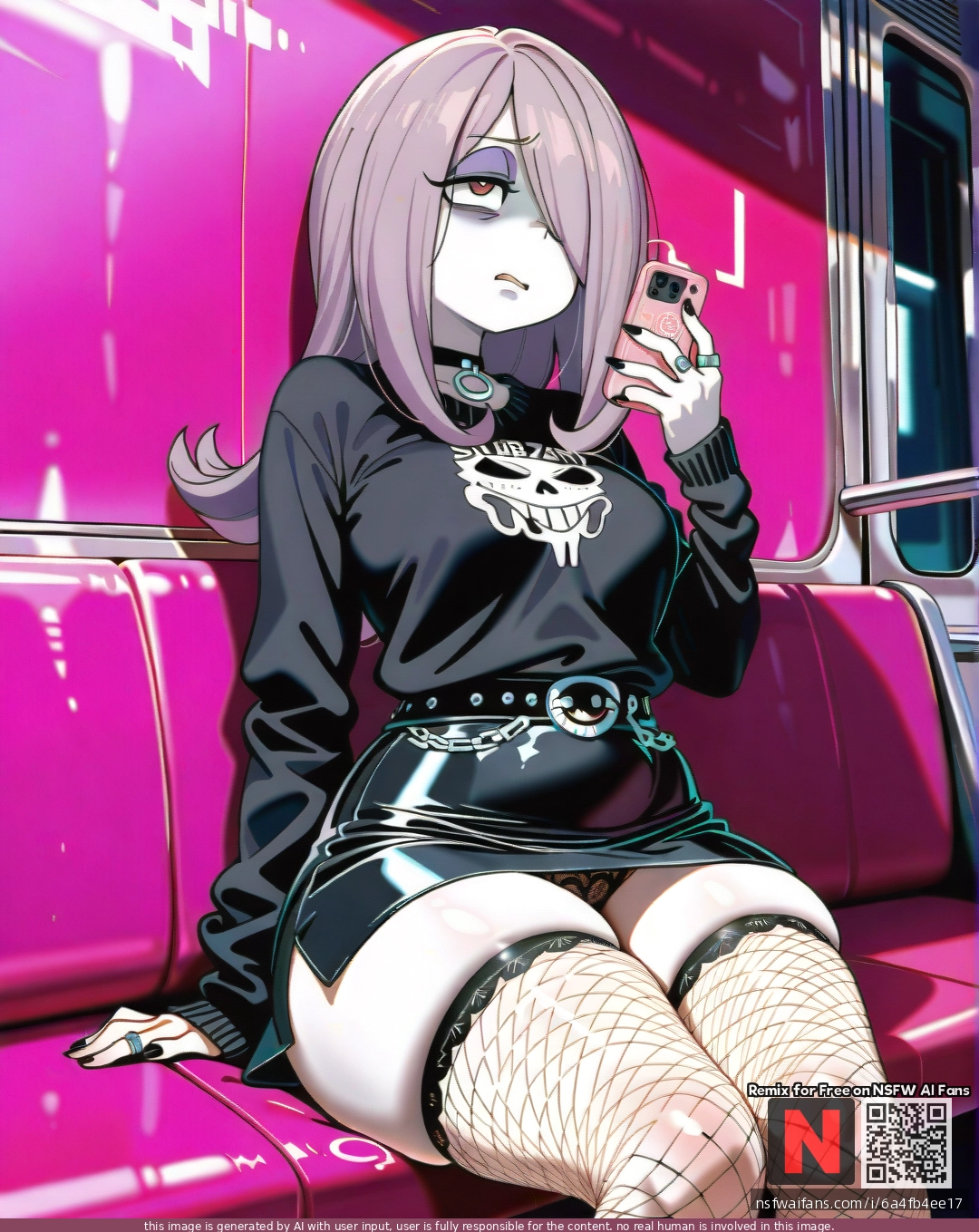 @sucy_manbavaran, (disgust), (curvy), thick thighs, tight business black skirt, emo, black sweater, shows lace fishnet panties, dark pink subway, sits straight, phone in hand