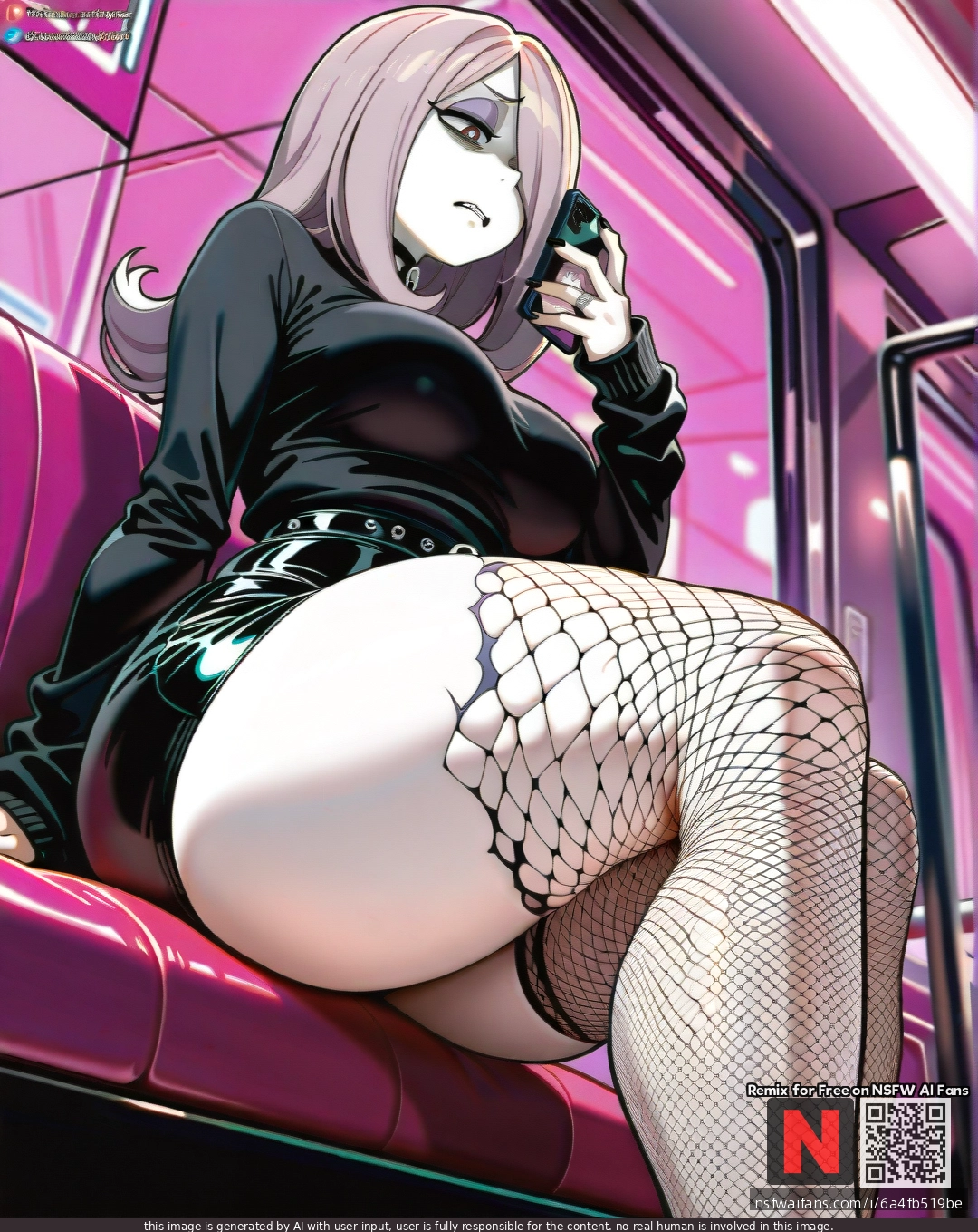 @sucy_manbavaran, (disgust), (curvy), thick thighs, tight business black skirt, emo, black sweater, shows lace fishnet panties, dark pink subway, sits straight, phone in hand, (from_below)