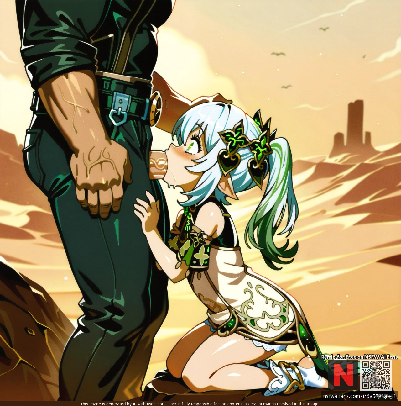 @nahida giving sloppy (deepthroat) (irrumatio) to a man with a huge penis. optionaltypo art style, desert, (clothed_sex), bare legs, size difference