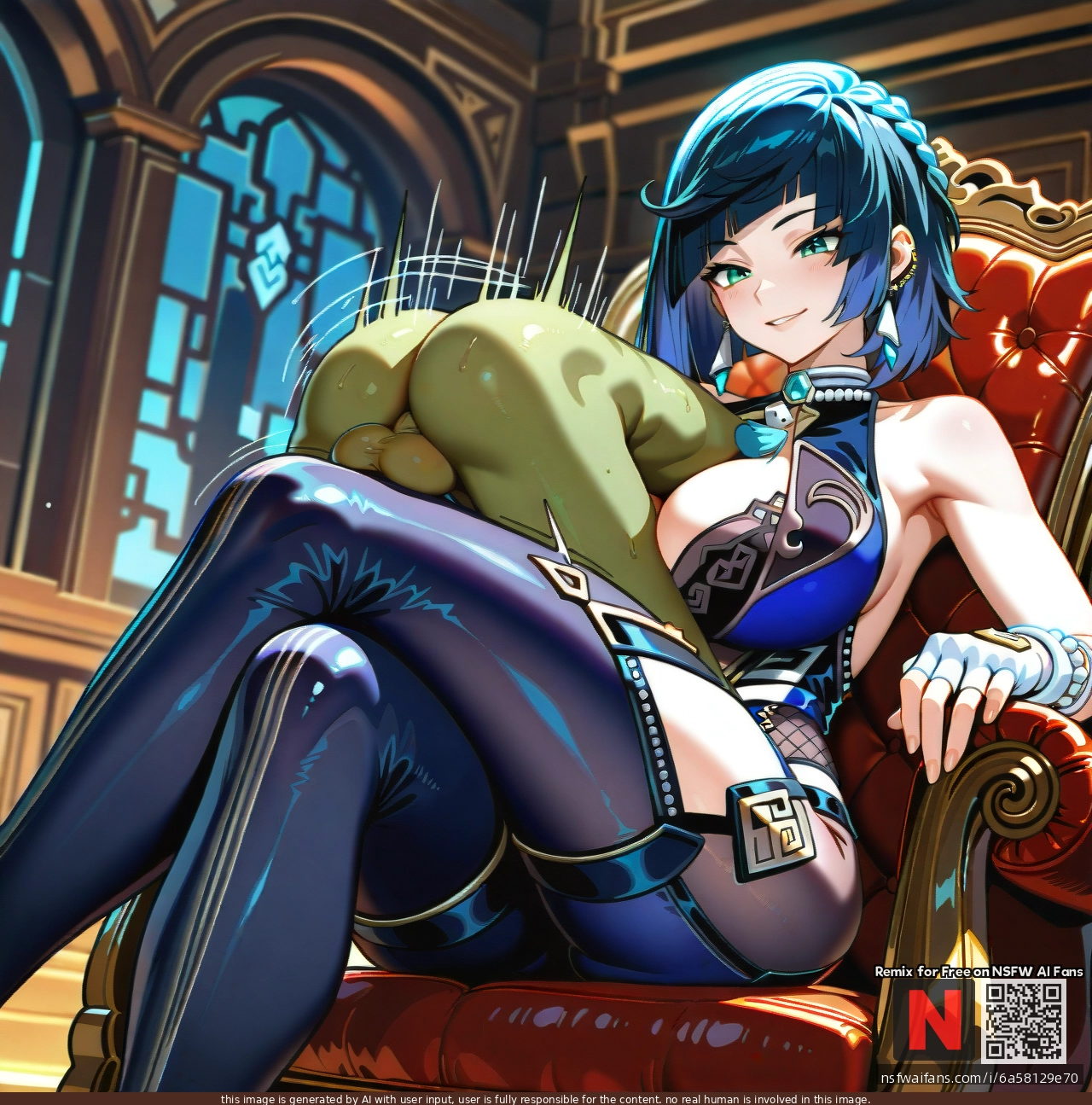 1boy, 1girl, tall female, cleavage sex, titfuck, boobjob, thrusting, chair, (sitting), (crossed_legs), long legs, (paizuri_under_clothes), (paizuri), titty fuck, mating press, @yelan, @beast_boy