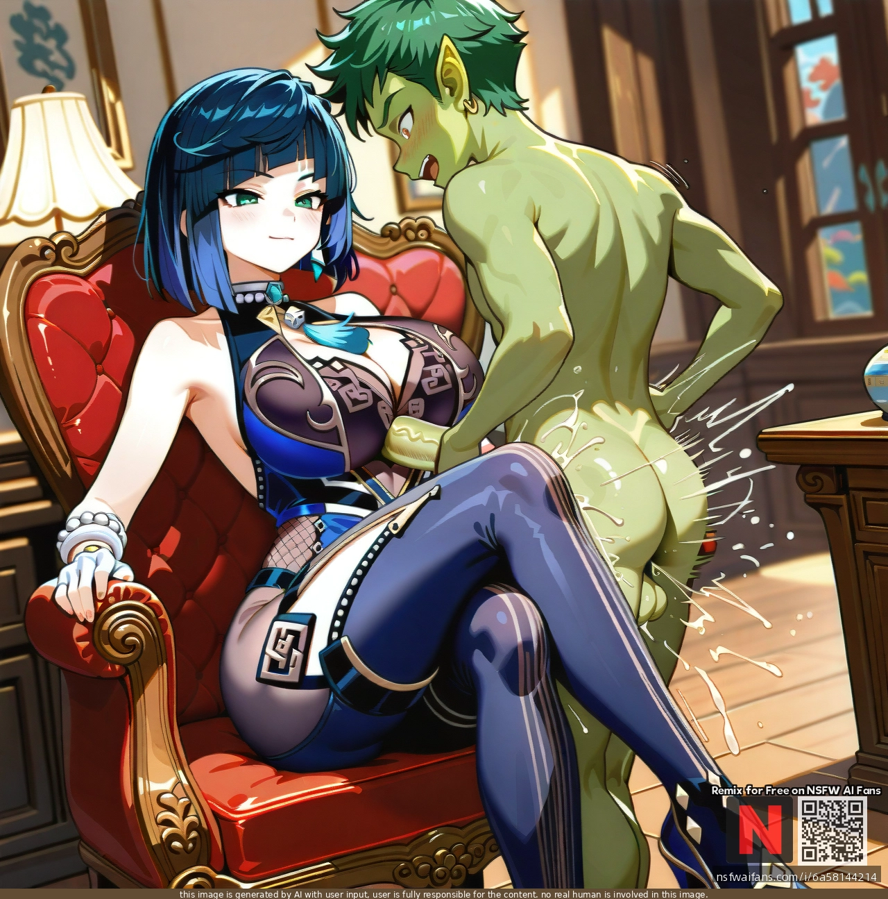 1boy, 1girl, cleavage, thrusting, chair, (sitting), (crossed_legs), long legs, (paizuri_under_clothes), (paizuri), titty fuck, mating press, @yelan, @beast_boy