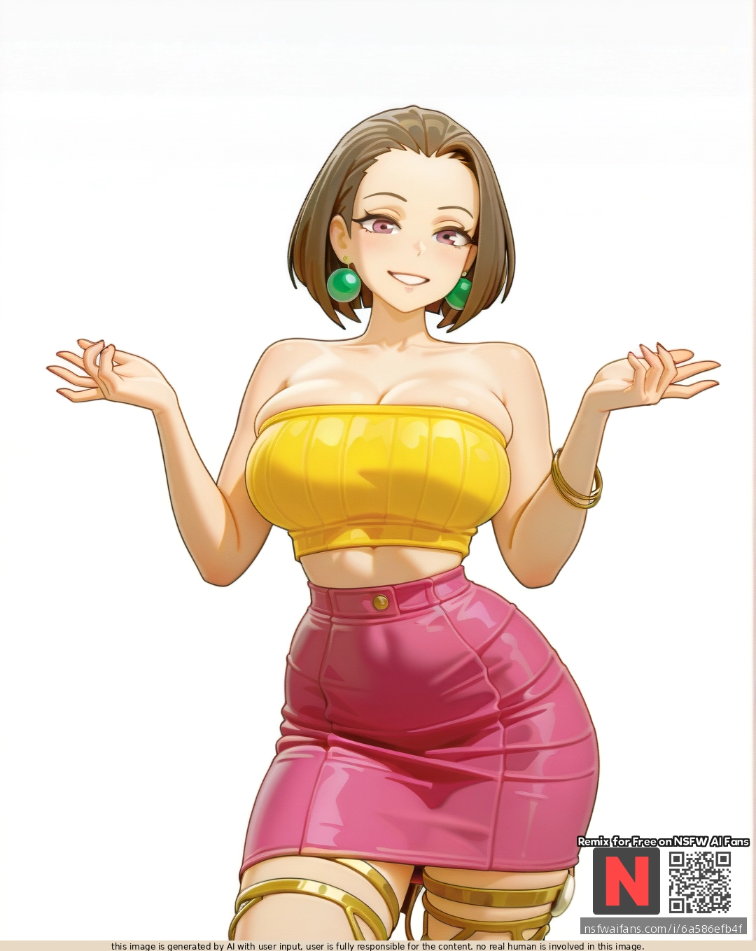 Milf ,satisfied , brunette  bobcut, green pearl earrings , (large_breasts) ,yellow (tube_top),pink  tight skirt ,gold high sandals , ,(standing), sexy pose ,bartolomeobari style , white background color, clearly background,