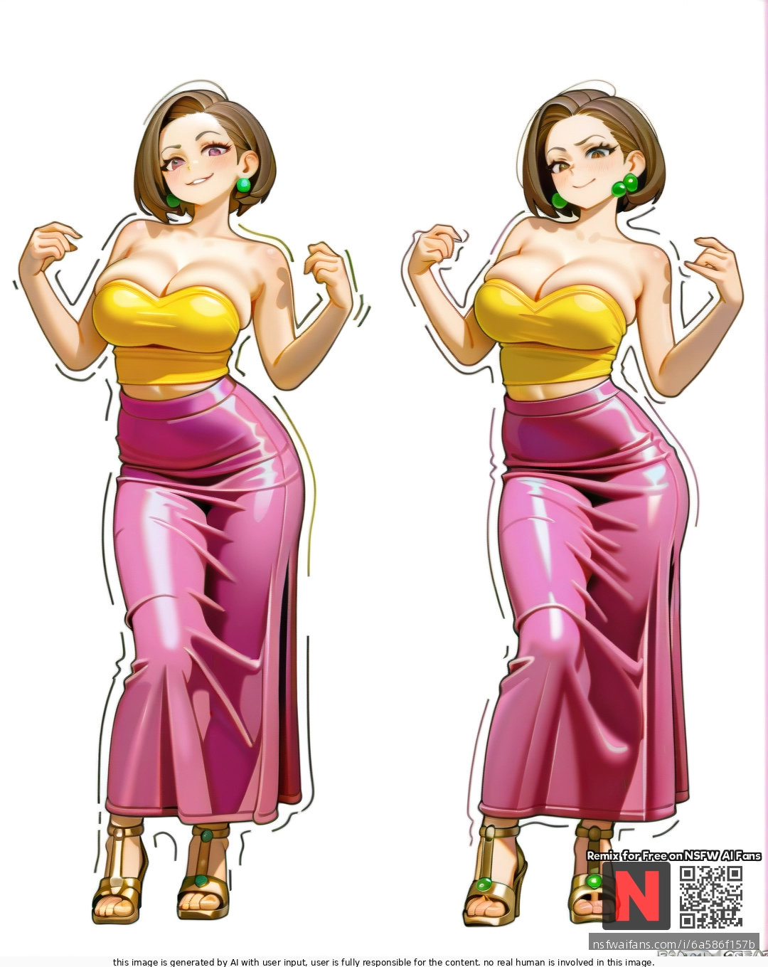 Milf ,satisfied , brunette  bobcut, green pearl earrings , (large_breasts) ,yellow (tube_top),pink  tight skirt ,gold high sandals , ,(standing), sexy pose ,bartolomeobari style , white background color, clearly background,