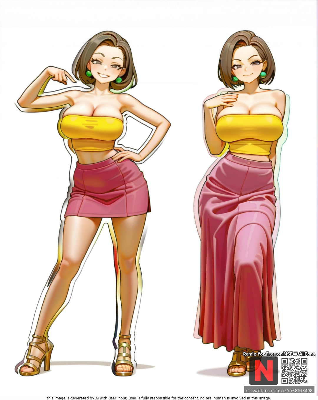 Milf ,satisfied , brunette  bobcut, green pearl earrings , (large_breasts) ,yellow (tube_top),pink  skirt ,gold high sandals , ,(standing), sexy pose ,bartolomeobari style , white background color, clearly background,