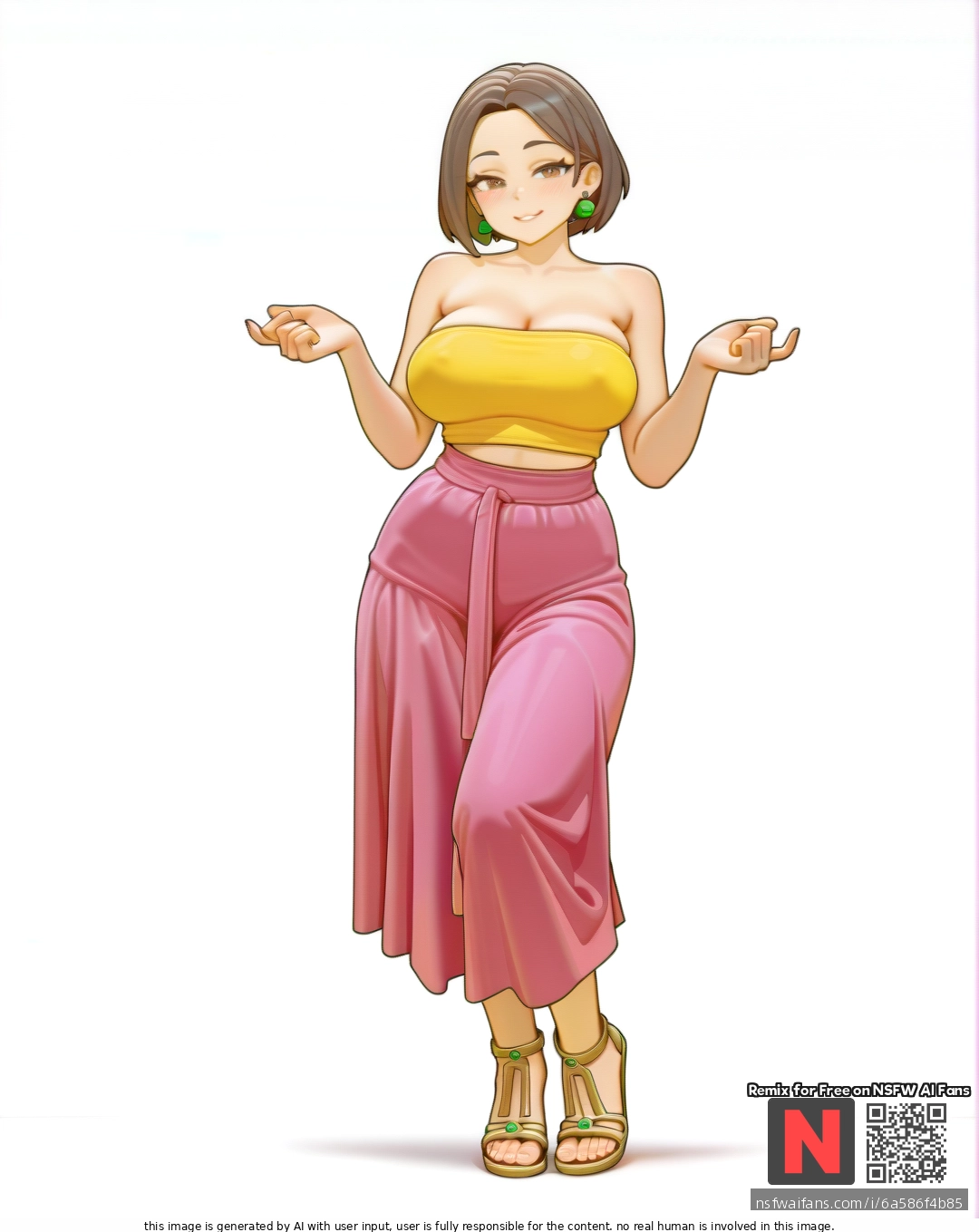 Milf ,satisfied , brunette  bobcut, green pearl earrings , (large_breasts) ,yellow (tube_top),pink  skirt ,gold high sandals , ,(standing), sexy pose ,bartolomeobari style , white background color, clearly background,