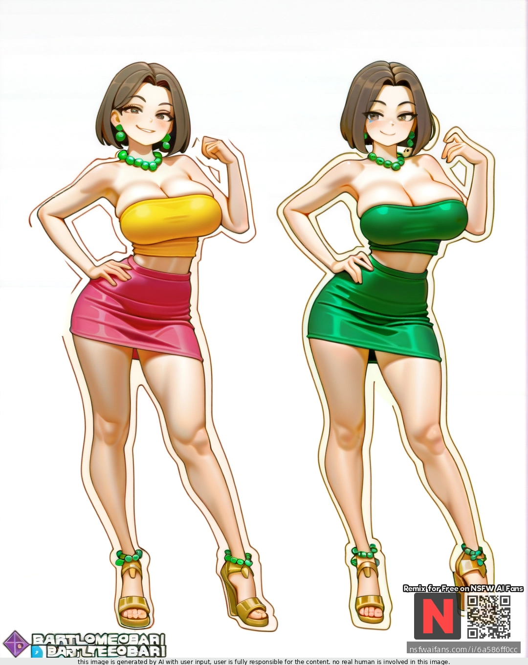 Milf ,satisfied , brunette  bobcut, green pearl earrings , (large_breasts) ,yellow (tube_top),pink  mini skirt ,gold  sandals , ,(standing), sexy pose ,bartolomeobari style , white background color, clearly background,