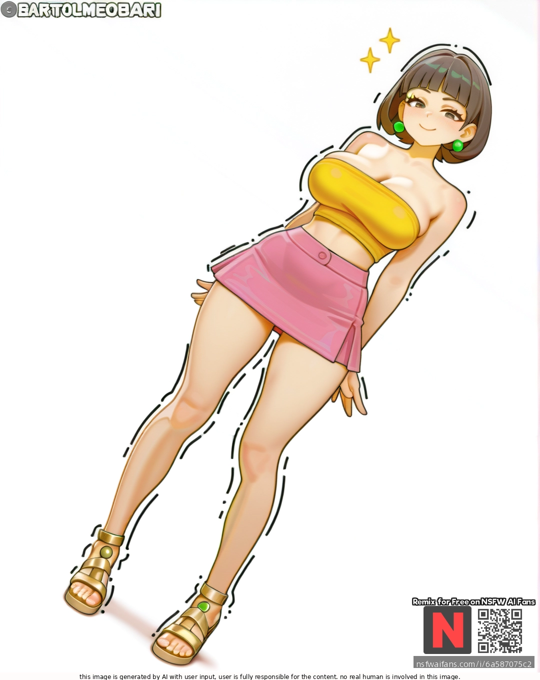 Milf ,satisfied , brunette  bobcut, green pearl earrings , (large_breasts) ,yellow (tube_top),pink  mini skirt ,gold  sandals , ,(standing), sexy pose ,bartolomeobari style , white background color, clearly background,