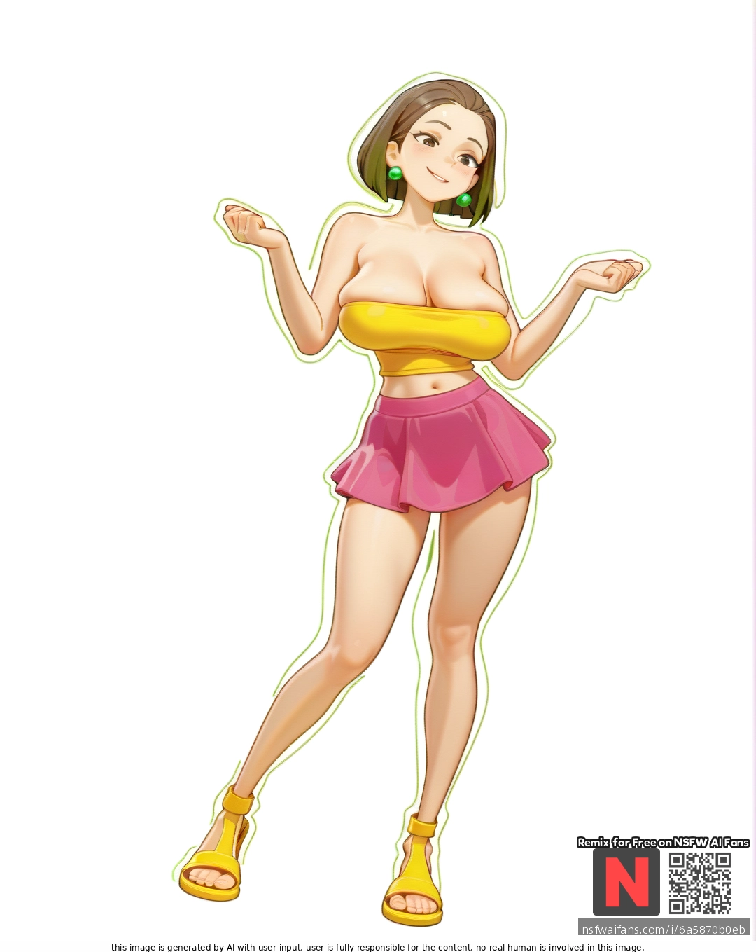 Milf ,satisfied , brunette  bobcut, green pearl earrings , (large_breasts), (sagging_breasts), ,yellow (tube_top),pink  mini skirt ,yellow  sandals , ,(standing), sexy pose ,bartolomeobari style , white background color, clearly background,