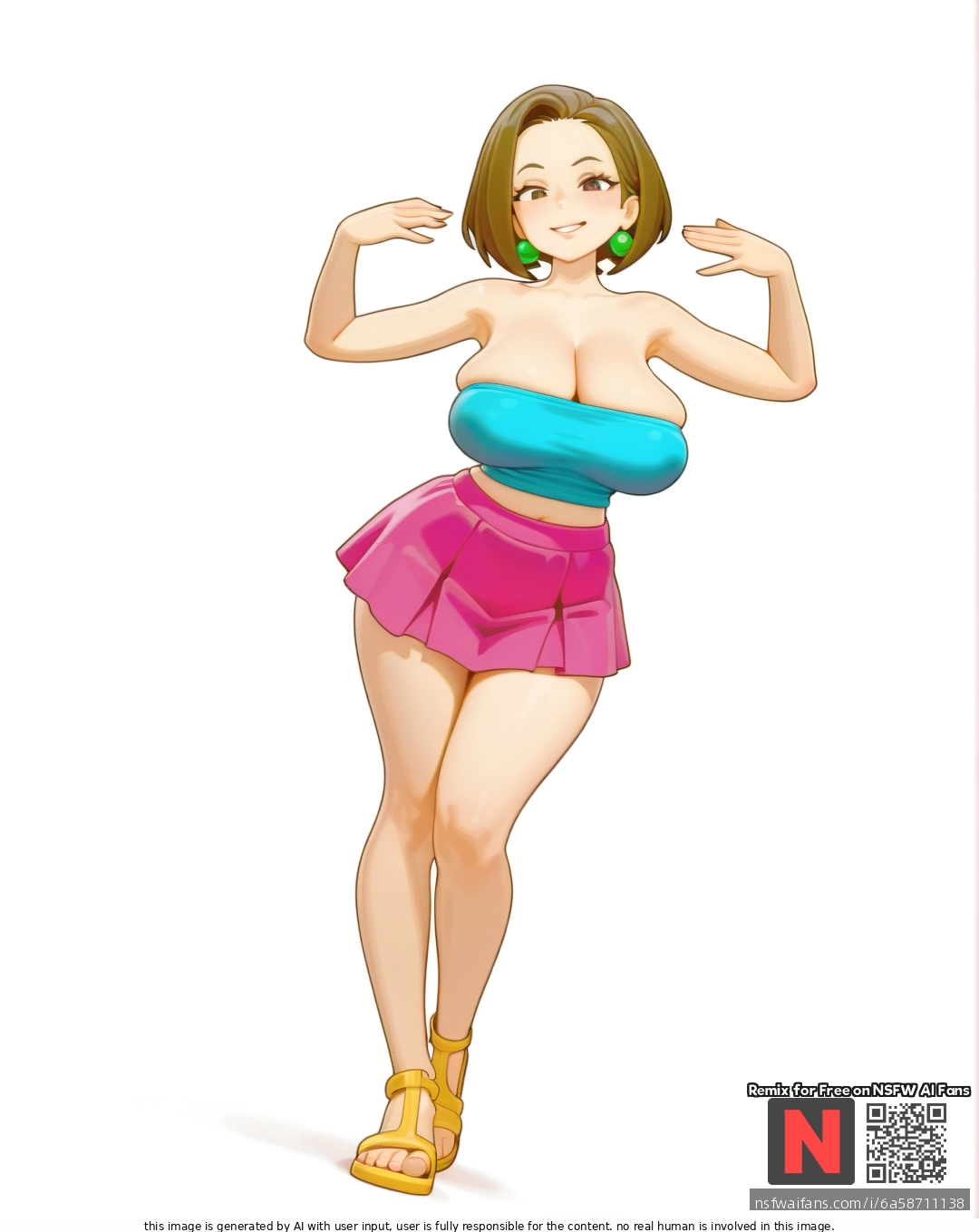 Milf ,satisfied , brunette  bobcut, green pearl earrings , (large_breasts), (sagging_breasts), ,blue (tube_top),pink  mini skirt ,yellow  sandals , ,(standing), sexy pose ,bartolomeobari style , white background color, clearly background,