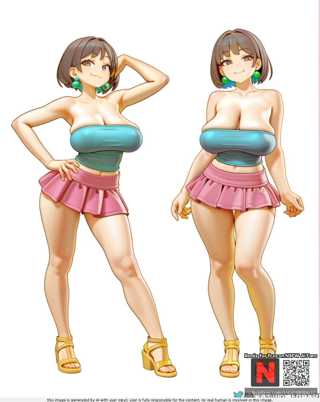 Milf ,satisfied , brunette  bobcut, green pearl earrings , (large_breasts), (sagging_breasts), ,blue (tube_top),pink  mini skirt ,yellow  sandals , ,(standing), sexy pose ,bartolomeobari style , white background color, clearly background,