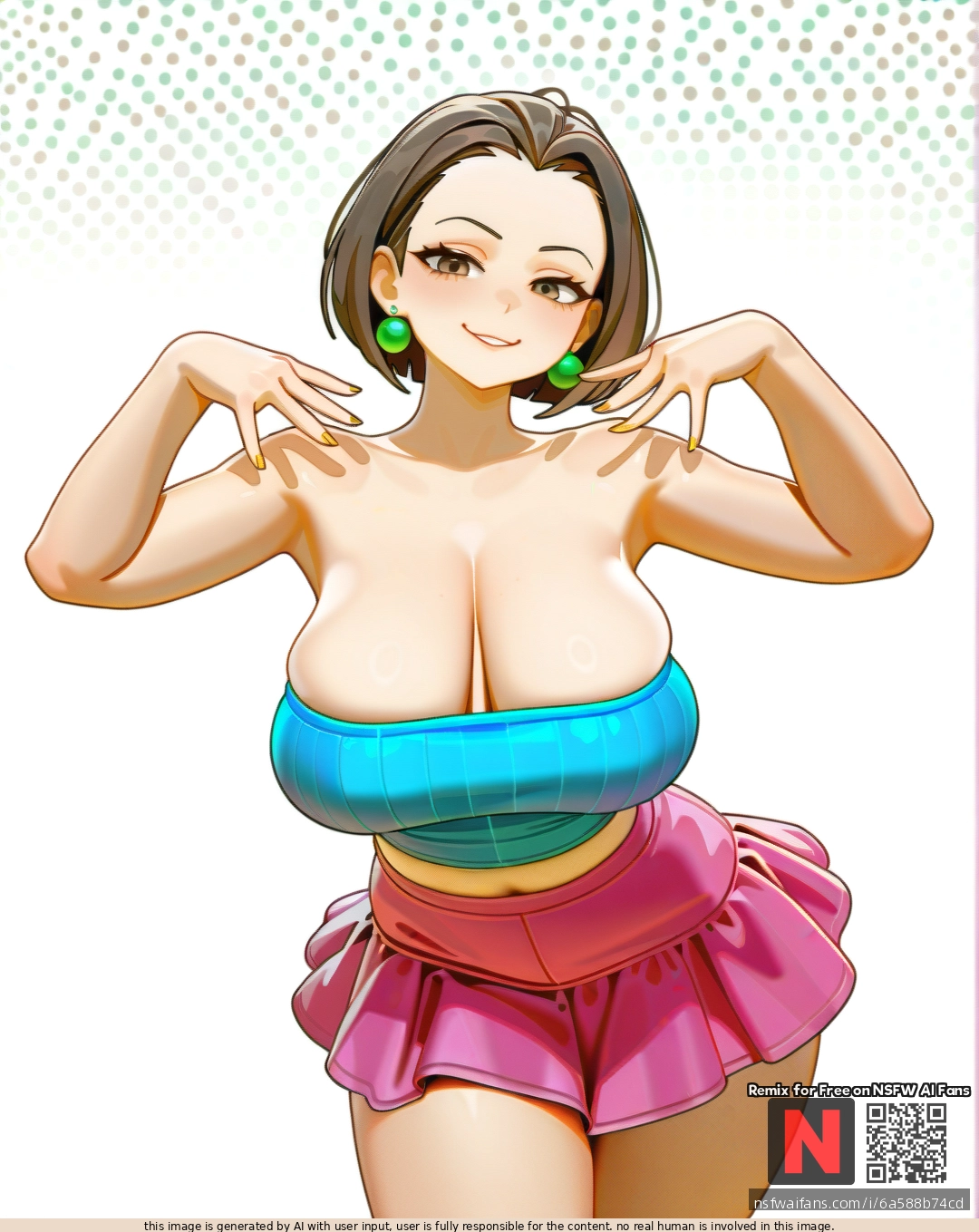 Milf ,satisfied , brunette  bobcut, green pearl earrings , (large_breasts), (sagging_breasts), ,blue (tube_top),pink  mini skirt ,yellow  sandals , sexy pose ,bartolomeobari style , white background color, clearly background,
