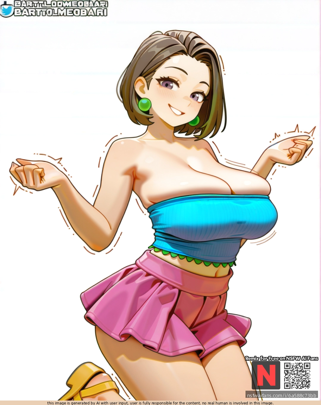 Milf ,satisfied , brunette  bobcut, green pearl earrings , (large_breasts), (sagging_breasts), ,blue (tube_top),pink  mini skirt ,yellow  sandals , sexy pose ,bartolomeobari style , white background color, clearly background,