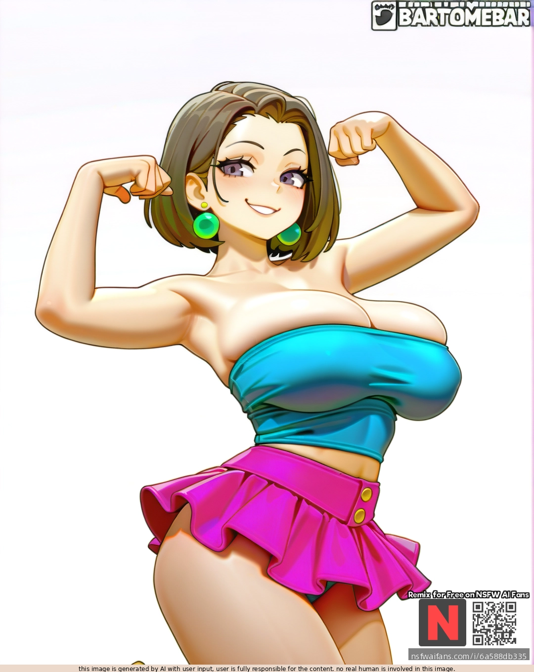 Milf ,satisfied , brunette  bobcut, green pearl earrings , (large_breasts), (sagging_breasts), ,blue (tube_top),pink  mini skirt ,yellow  sandals , sexy pose ,bartolomeobari style , white background color, clearly background,