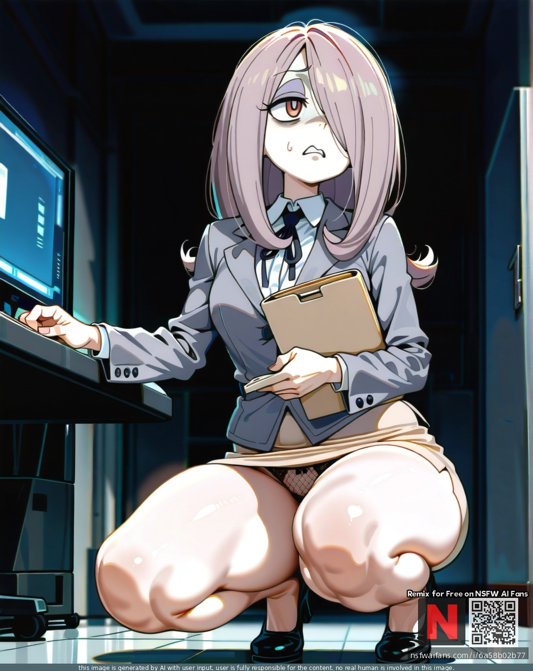 @sucy_manbavaran, (disgust), (curvy), thick thighs, tight beige skirt, gray jacket, shows lace fishnet panties, (one_knee), (squatting), beige folder in hand, dark office