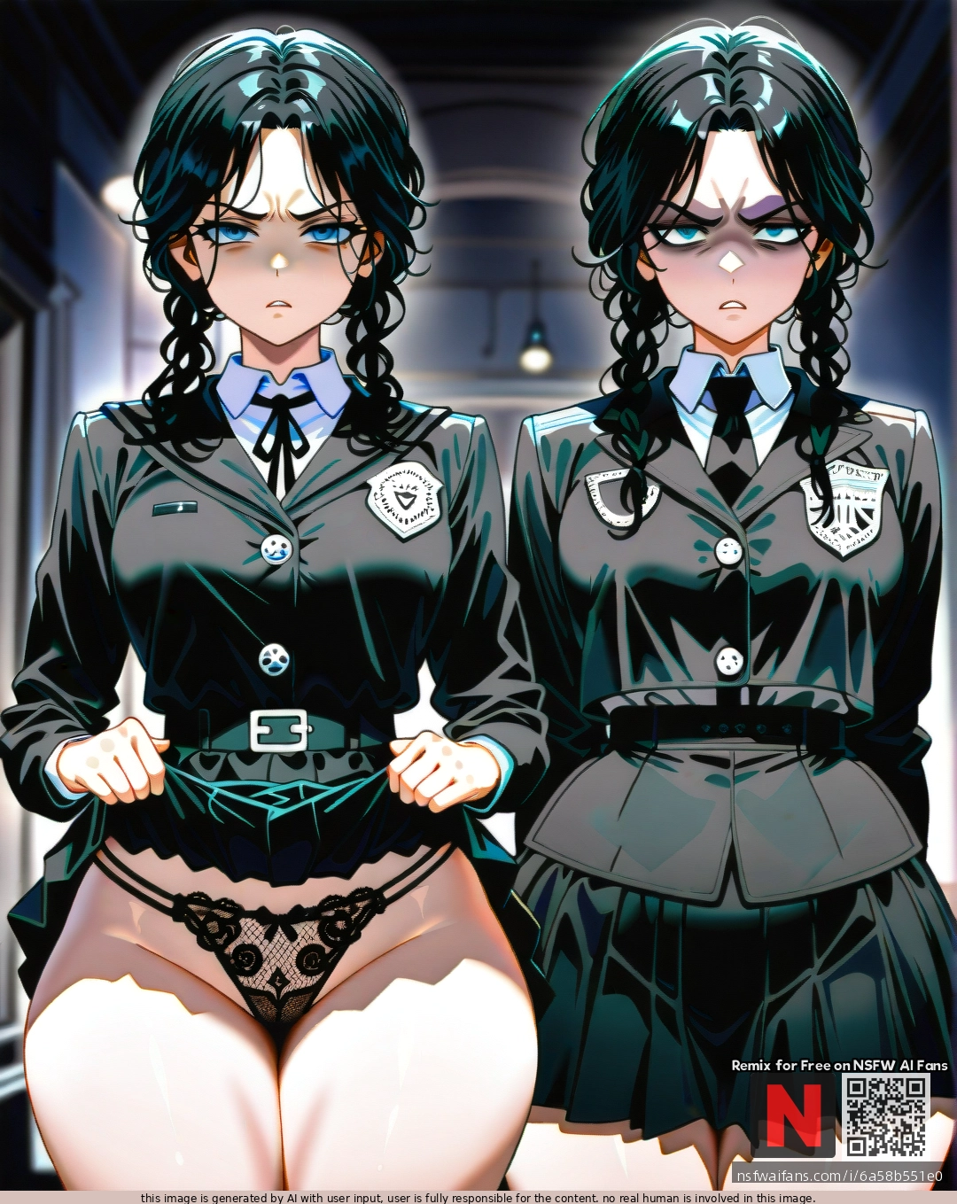 @wednesday_addams, (disgust), (curvy), thick thighs, tight black skirt, black jacket, shows lace fishnet panties, (skirt_lift), dark school