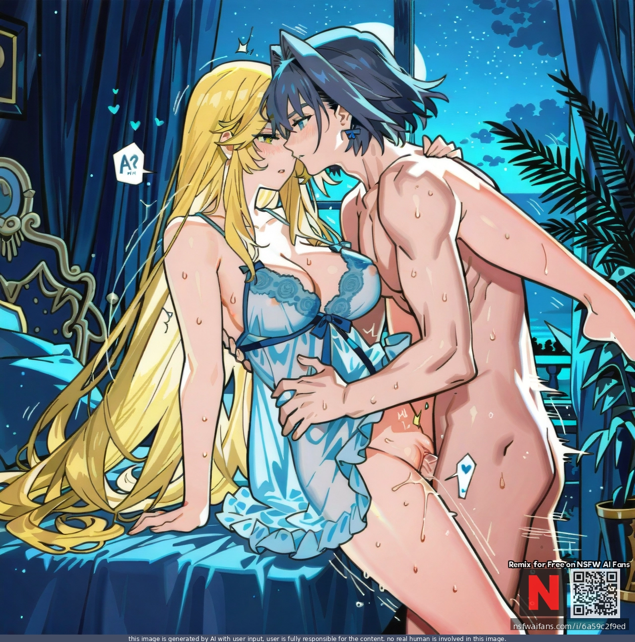 1 girl, Ouro kroni , alternative hair colour, blue and inner yellow hair, very long hair, on bad, night, (chemise) , medium brest, vaginal sex, starshadowmagician artsyle