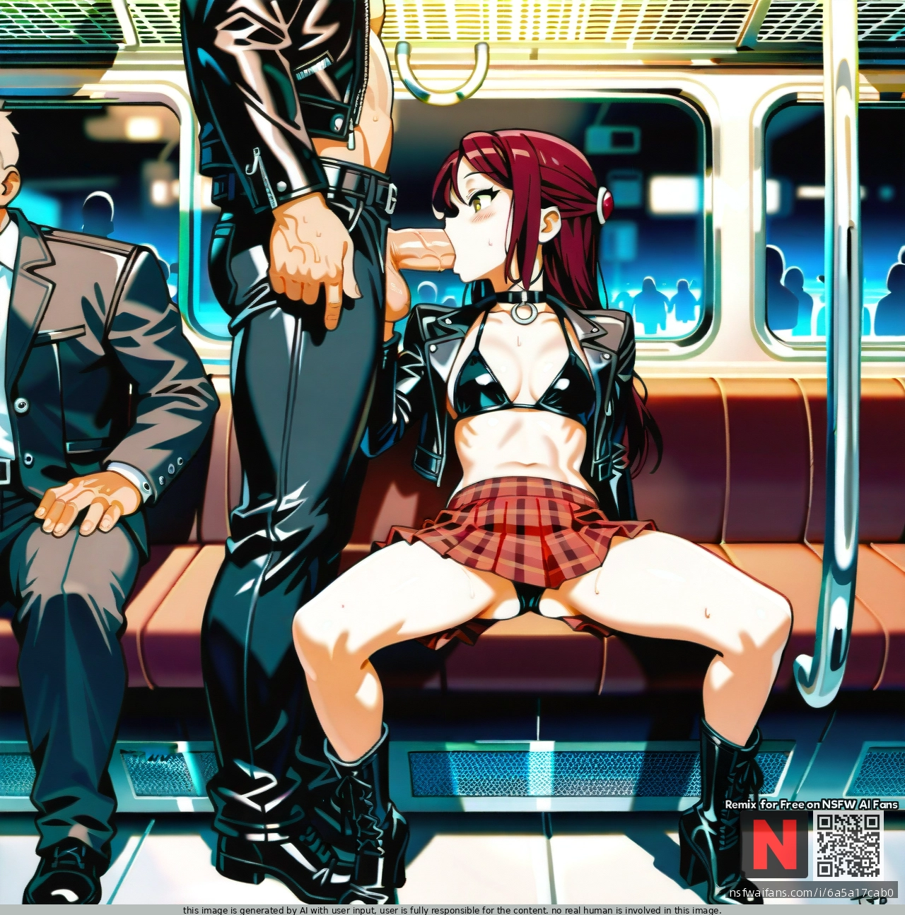 @sakurauchi_riko giving (deepthroat) to a man with a large penis. optionaltypo art style, (skinny), black bikini top, leather jacket, midriff, tartan skirt, bare legs, o ring choker, black boots, crowded train