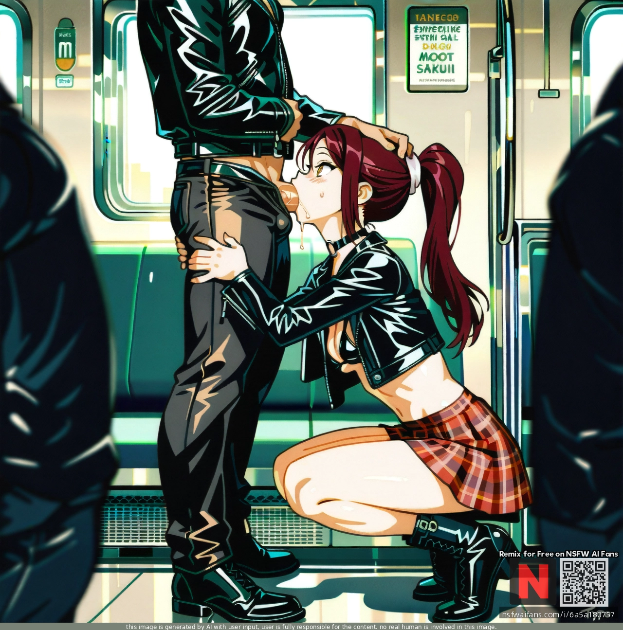 @sakurauchi_riko giving (deepthroat) to a man with a large penis. optionaltypo art style, (skinny), black bikini top, leather jacket, midriff, tartan skirt, bare legs, o ring choker, black boots, crowded train, ponytail