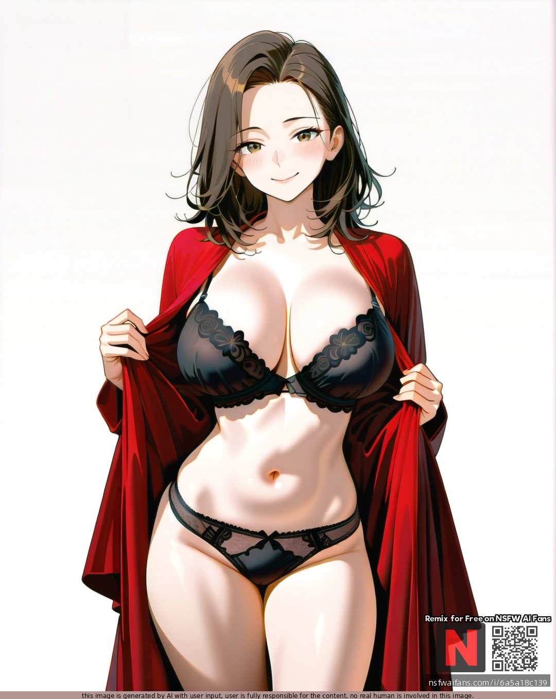 Milf, (skinny) ,brunette, satisfied ,medium hair, large breasts, breasts covering , red silk  robe,belly visible , (standing) ,black cotton panties , white background, clearly background