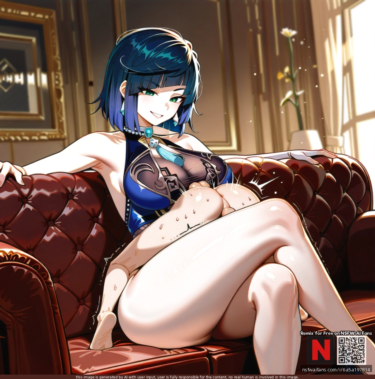 1boy, 1girl, tall female, (sitting), sofa, crossed legs, long legs, (femdom), (clothed_female_nude_male), balls, (paizuri_under_clothes), tittyfuck, mating press position, @yelan