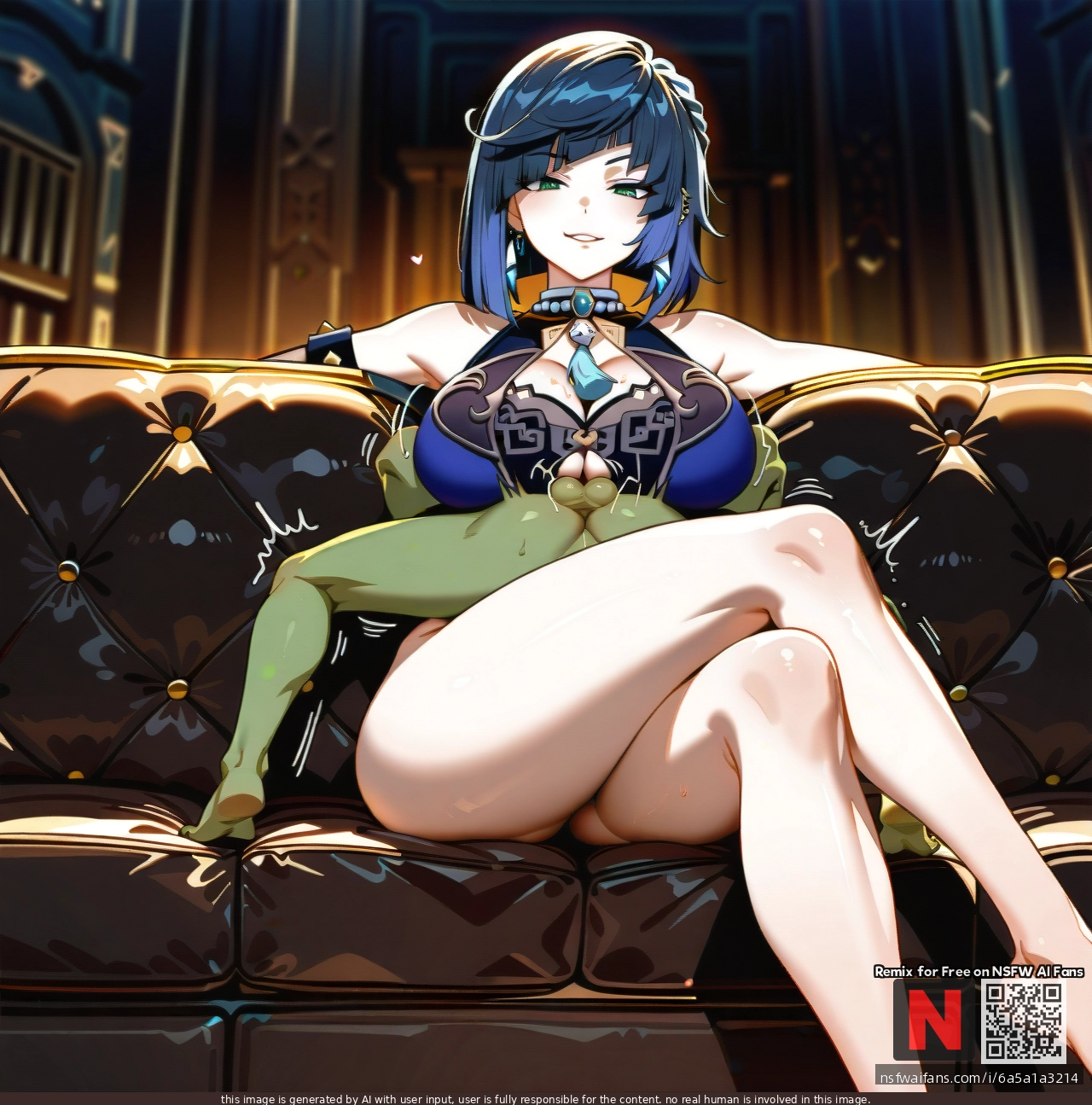 1boy, 1girl, tall female, (sitting), sofa, crossed legs, long legs, (femdom), (clothed_female_nude_male), balls, (paizuri_under_clothes), tittyfuck, mating press position, @yelan, @beast_boy
