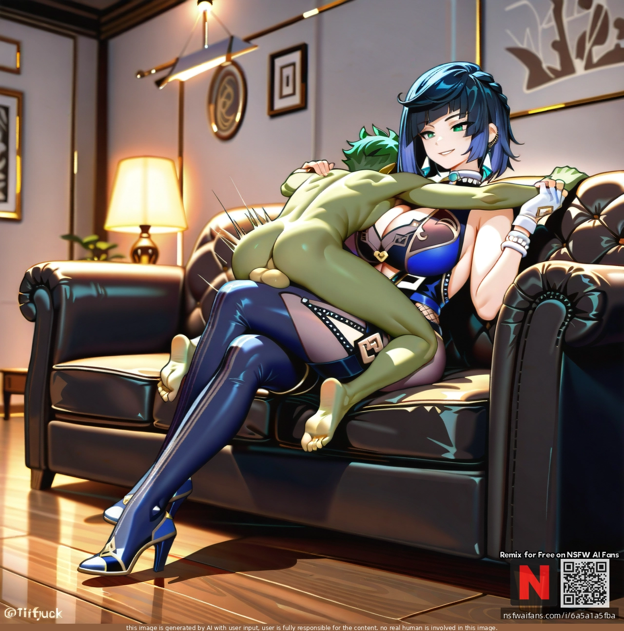 1boy, 1girl, tall female, (sitting), sofa, crossed legs, long legs, (femdom), (clothed_female_nude_male), balls, (paizuri_under_clothes), tittyfuck, mating press position, holding shoulders, @yelan, @beast_boy
