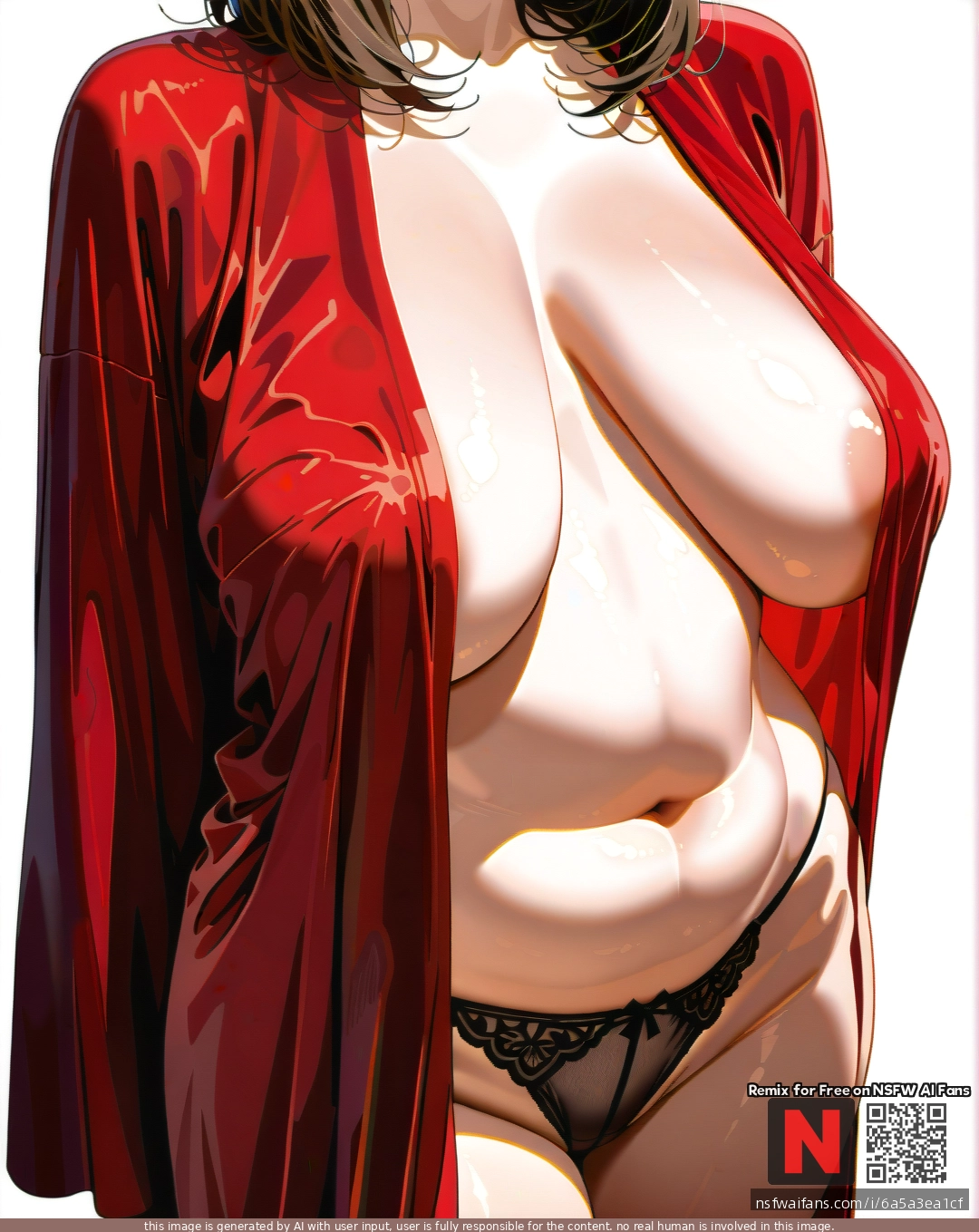 Milf,  ,brunette, (seductive_smile) ,medium hair, large breasts,(sagging_breasts),   robe on breasts , red silk  robe,nude belly , (standing) ,black cotton panties , white background, clearly background