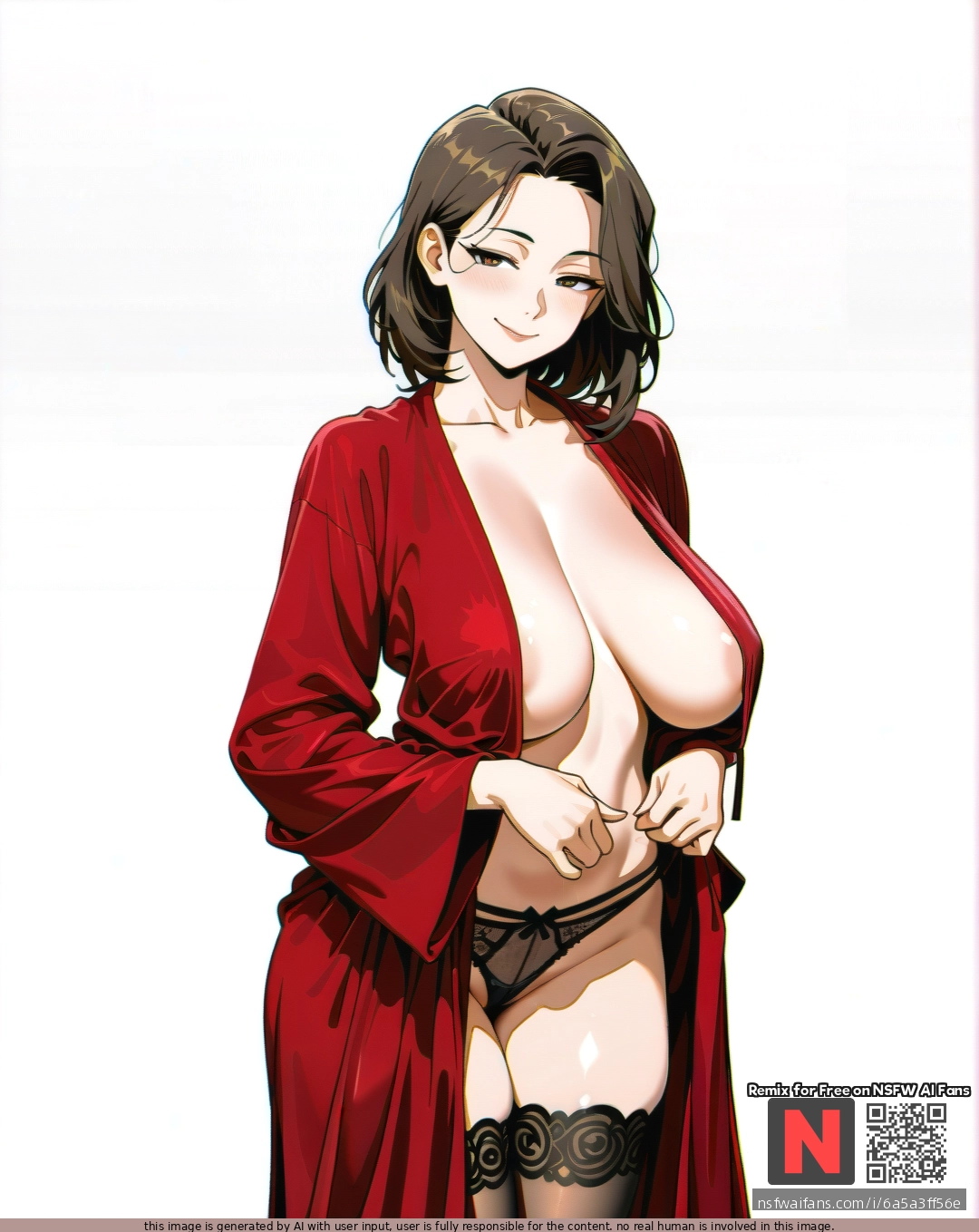 Milf,  ,brunette, (seductive_smile) ,medium hair, large breasts,(sagging_breasts),   robe on breasts , red silk  robe , (standing) ,black cotton panties, black stockings , white background, clearly background, manhva style