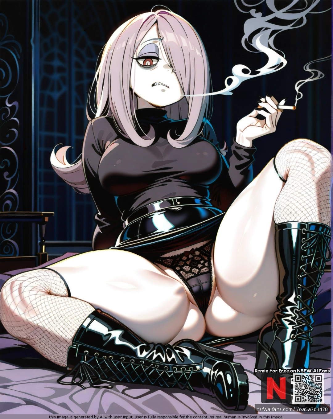 @sucy_manbavaran, (disgust), (curvy), thick thighs, tight black skirt, black turtleneck, shows lace fishnet panties, (spread_legs), black boots, goth background, smoking a cigarette