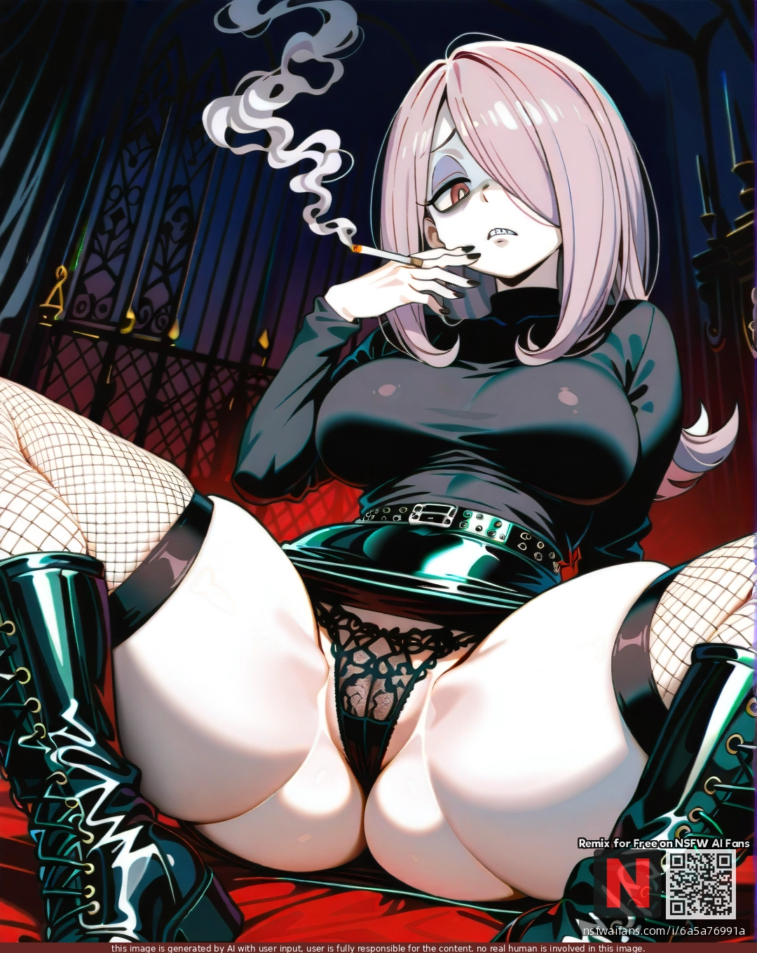 @sucy_manbavaran, (disgust), (curvy), thick thighs, tight black skirt, black turtleneck, shows lace fishnet panties, (spread_legs), black boots, goth background, smoking a cigarette