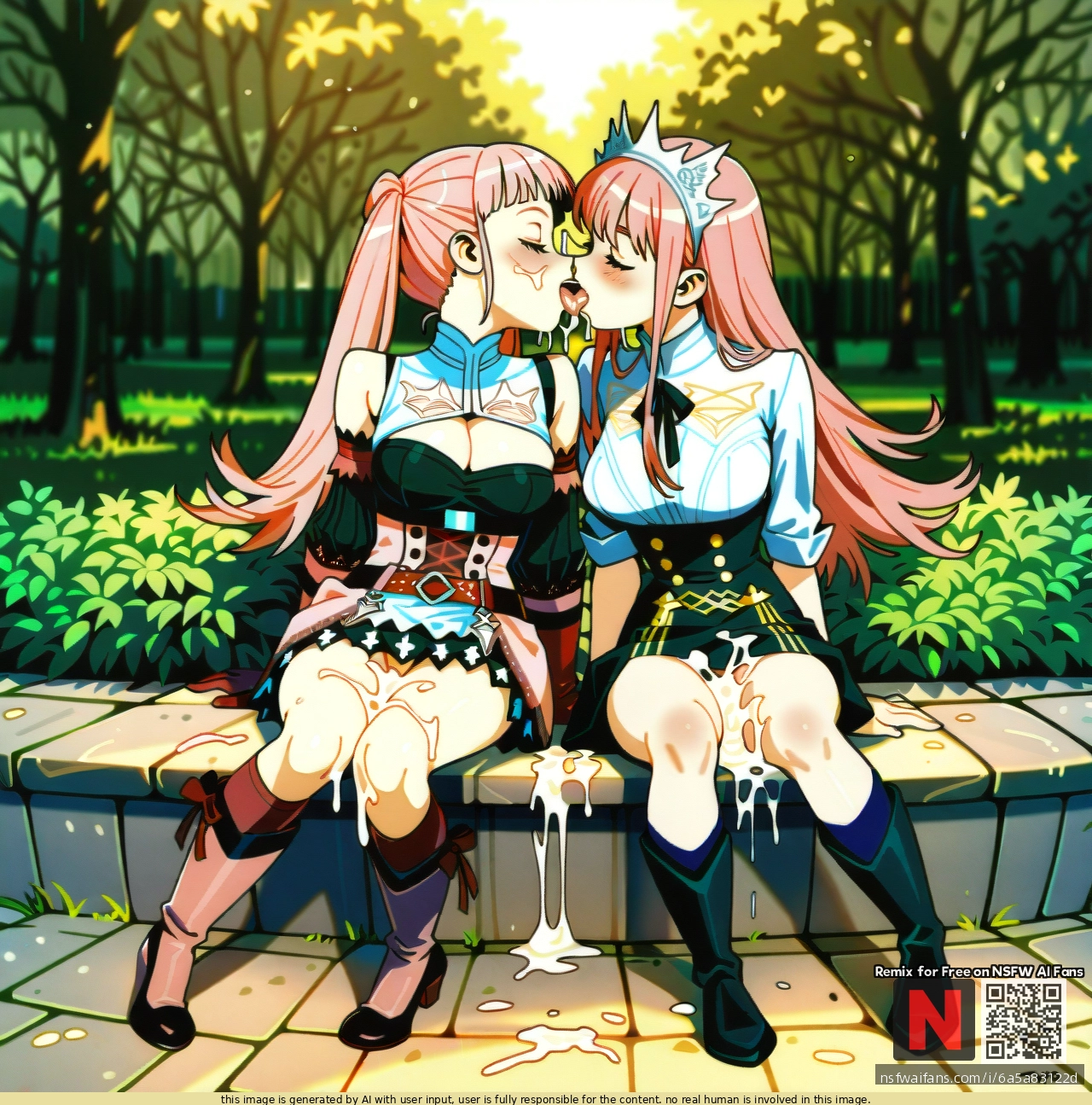 @medb and @hilda_valentine_goneril kissing after getting (bukkake) (cum) (cum_on_tongue) (cum_swap). optionaltypo art style, (clothed_sex), (exhibitionism), full body