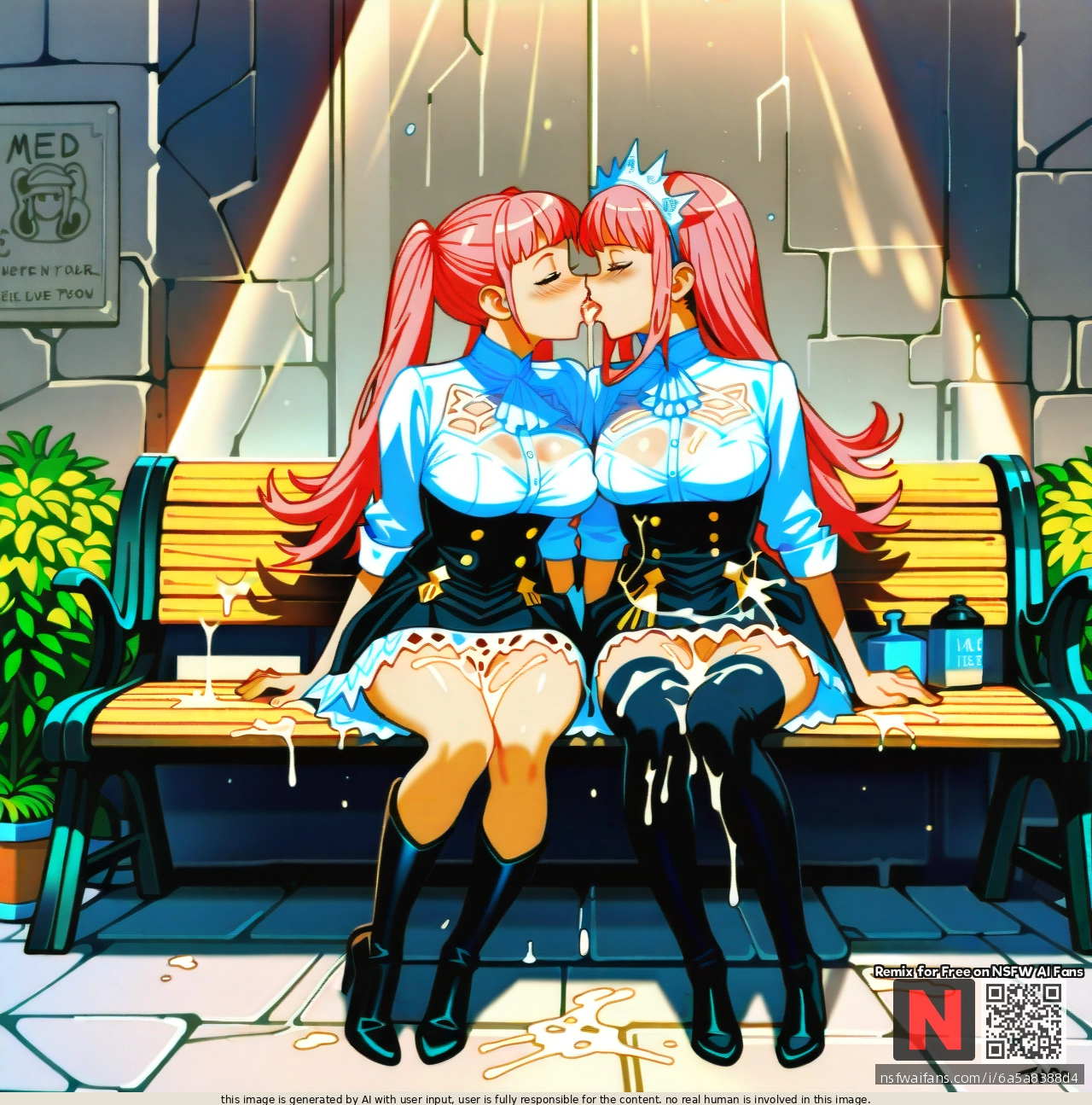 @medb and @hilda_valentine_goneril kissing after getting (bukkake) (cum) (cum_on_tongue) (cum_swap). optionaltypo art style, (clothed_sex), (exhibitionism), full body