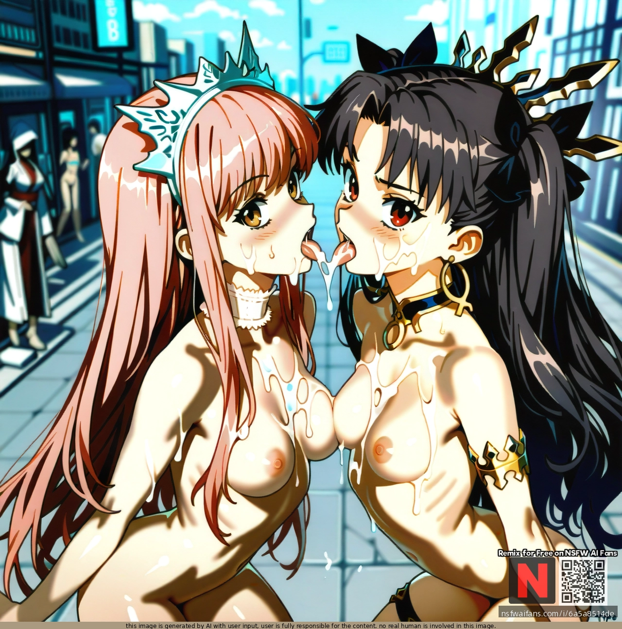 @medb and @ishtar kissing after getting (bukkake) (cum) (cum_on_tongue) (cum_swap). optionaltypo art style, nude, choker, thigh strap, (skinny), (exhibitionism),