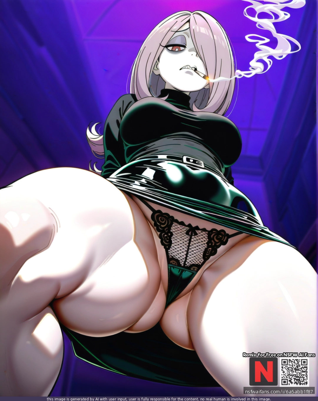 @sucy_manbavaran, (disgust), (curvy), thick thighs, tight black skirt, black turtleneck, shows lace fishnet panties, (spread_legs), (standing), (one_knee), smoking cigarette, gothic purple background, (from_below)