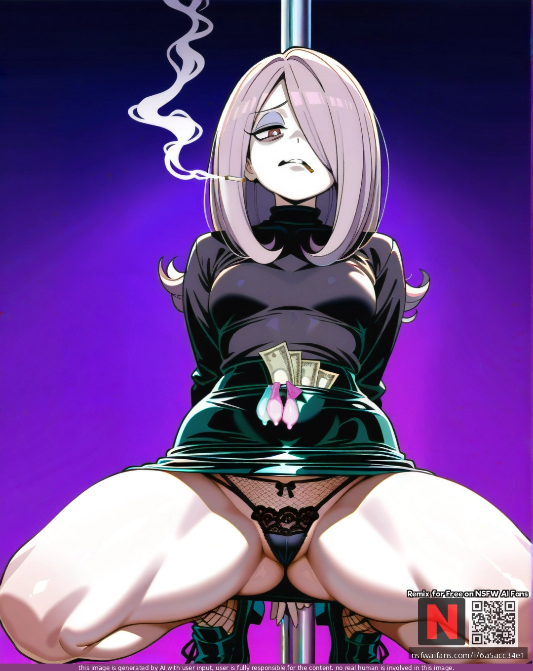@sucy_manbavaran, (disgust), (curvy), thick thighs, tight black skirt, black turtleneck, shows lace fishnet panties, (spread_legs), smoking cigarette, gothic purple background, (used_condom), money, pole, (arms_behind_back), (standing), (one_knee)