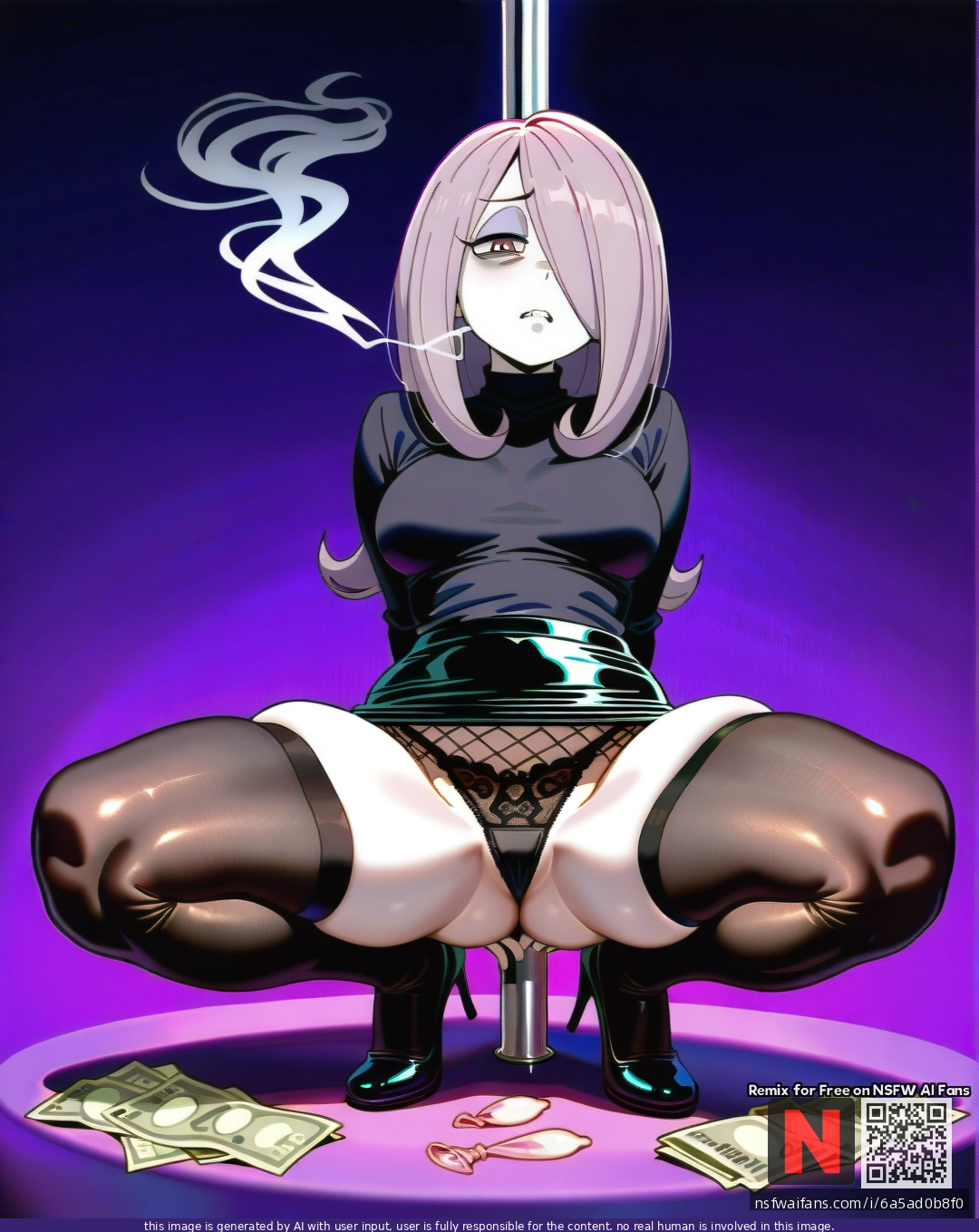 @sucy_manbavaran, (disgust), (curvy), thick thighs, tight black skirt, black turtleneck, shows lace fishnet panties, (spread_legs), smoking cigarette, gothic purple background, (used_condom), money, pole, (arms_behind_back), (one_knee)