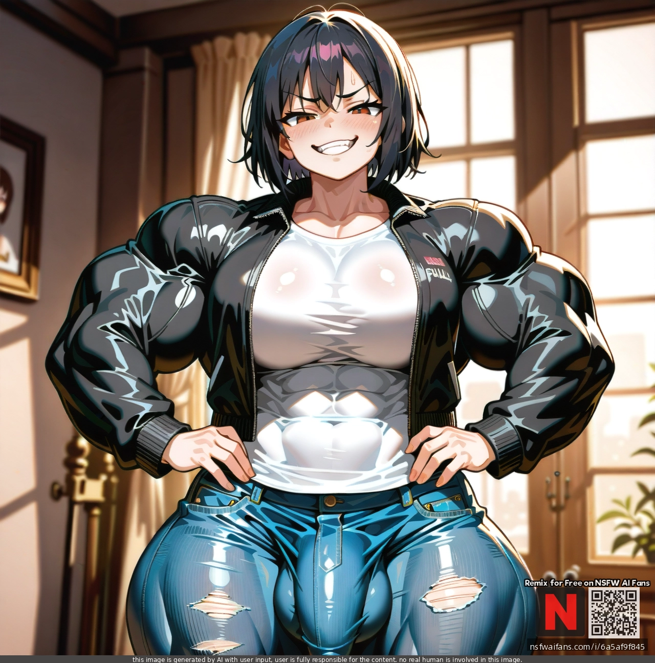 Futanari, shool, young_girl, white_shirt, black_Jacket, very_unnaturaly_muscular_girl, gigantic_muscles, jeans, gigantic_bulge_penis, bully, naughty_face