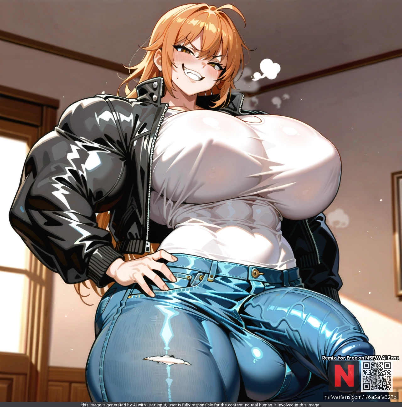 Futanari, shool, young_girl, white_shirt, black_Jacket, very_unnaturaly_muscular_girl, gigantic_muscles, jeans, gigantic_bulge_penis, bully, naughty_face