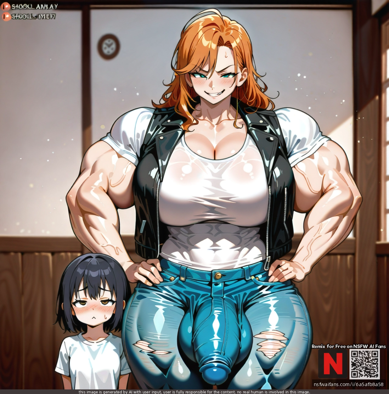Futanari, shool, young_girl, white_shirt, black_Jacket, very_unnaturaly_muscular_girl, gigantic_muscles, jeans, gigantic_bulge_penis, bully, naughty_face, 2persons, age_difference, young_girl, mature_female, height_difference