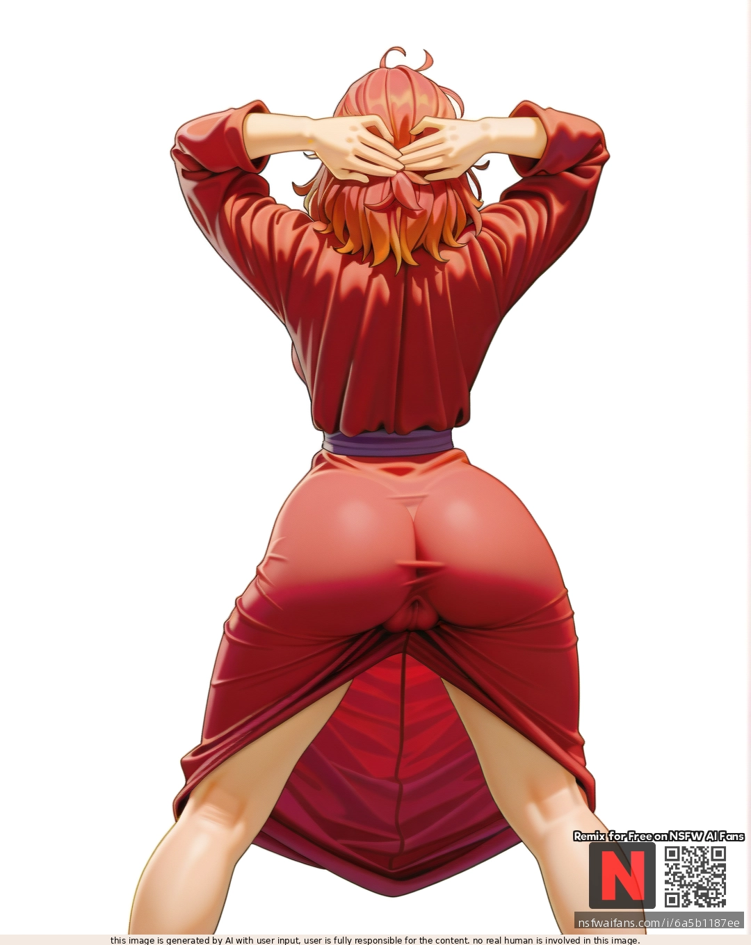Milf, ,brunette,,  ,medium hair, , red    robe, (standing) , (legs_apart),  (through_clothes), huge labia ,(arms_behind_head) , (from_behind) , white background, clearly background,bartolomeobari style