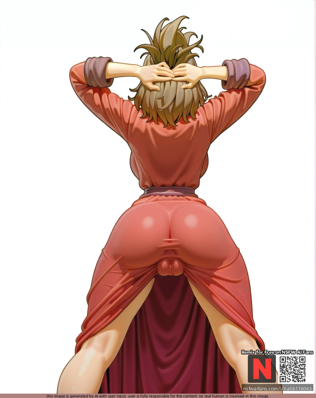 Milf, ,brunette,,  ,medium hair, , red    robe, (standing) , (legs_apart),  (through_clothes), huge labia ,(arms_behind_head) , (from_behind) , white background, clearly background,bartolomeobari style