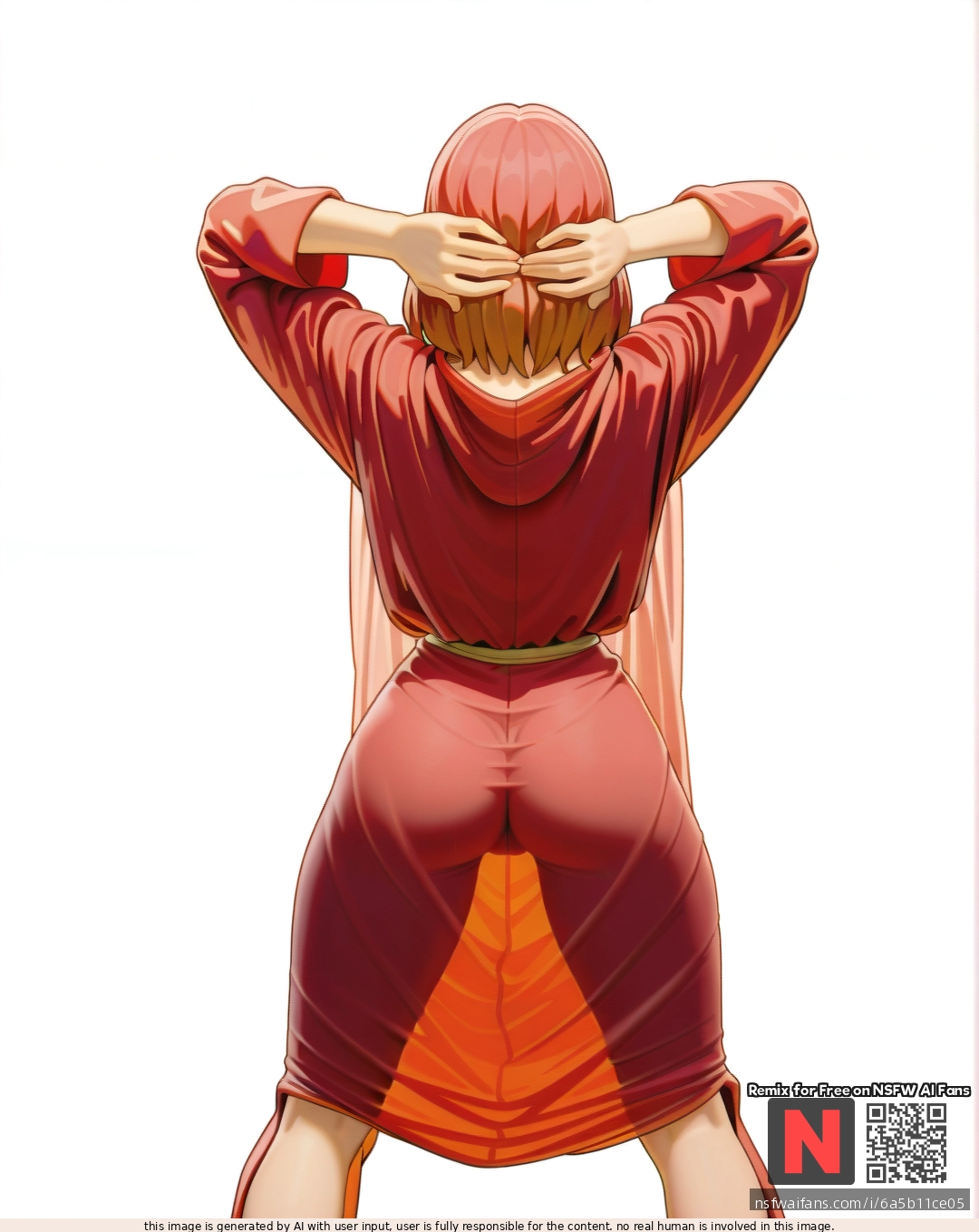 Milf, ,brunette,,  ,medium hair, , red    robe, (standing) , (legs_apart),  (through_clothes),  ,(arms_behind_head) , (from_behind) , white background, clearly background,bartolomeobari style